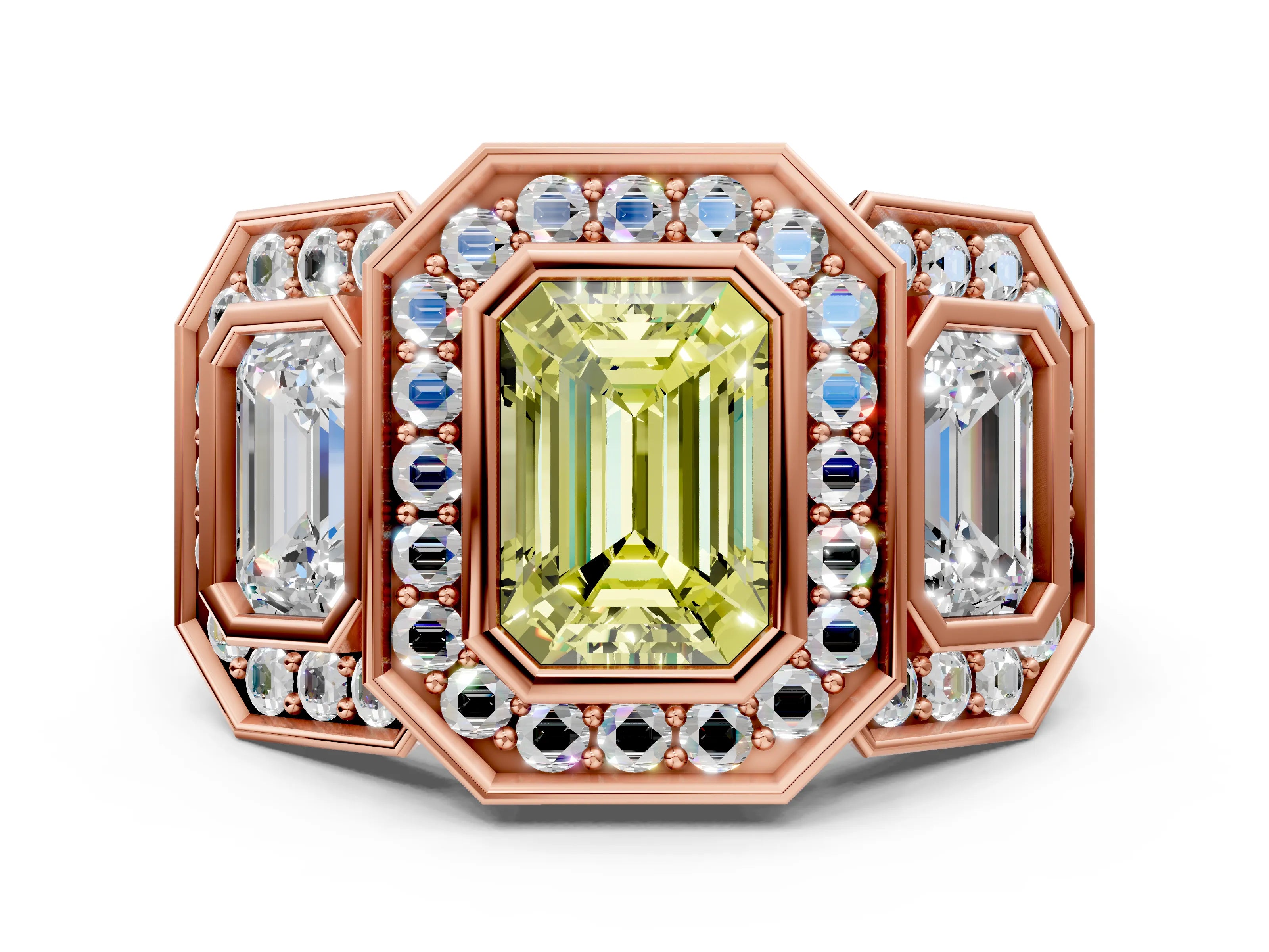 Rose gold Three-Stone Fancy Yellow Emerald Cut Halo Pavé Diamond Ring_12