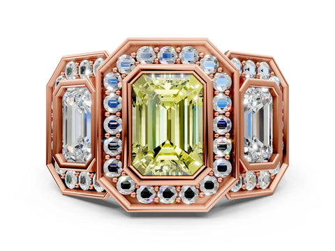 Rose gold Three-Stone Fancy Yellow Emerald Cut Halo Pavé Diamond Ring_12