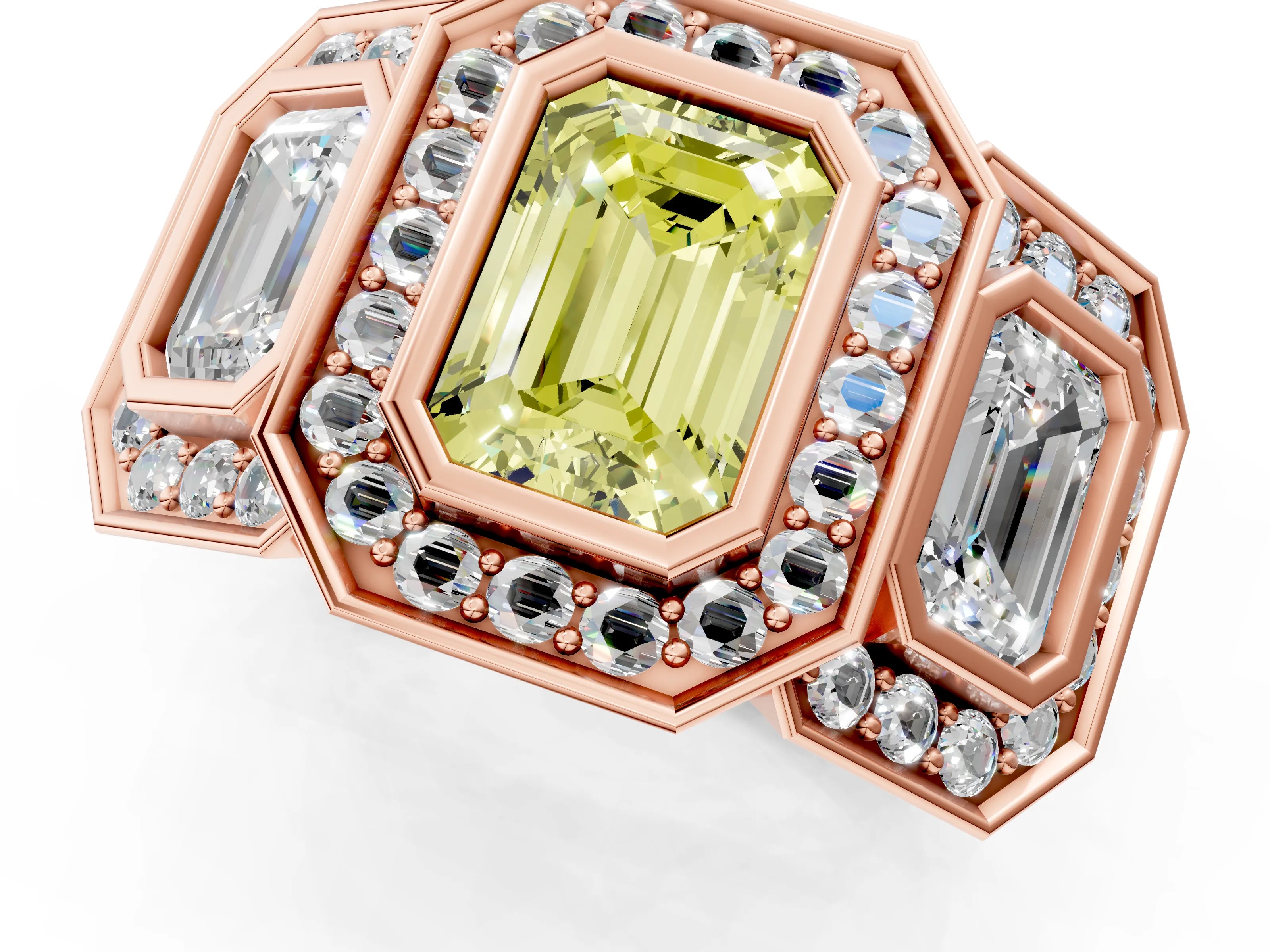 Rose gold Three-Stone Fancy Yellow Emerald Cut Halo Pavé Diamond Ring_13