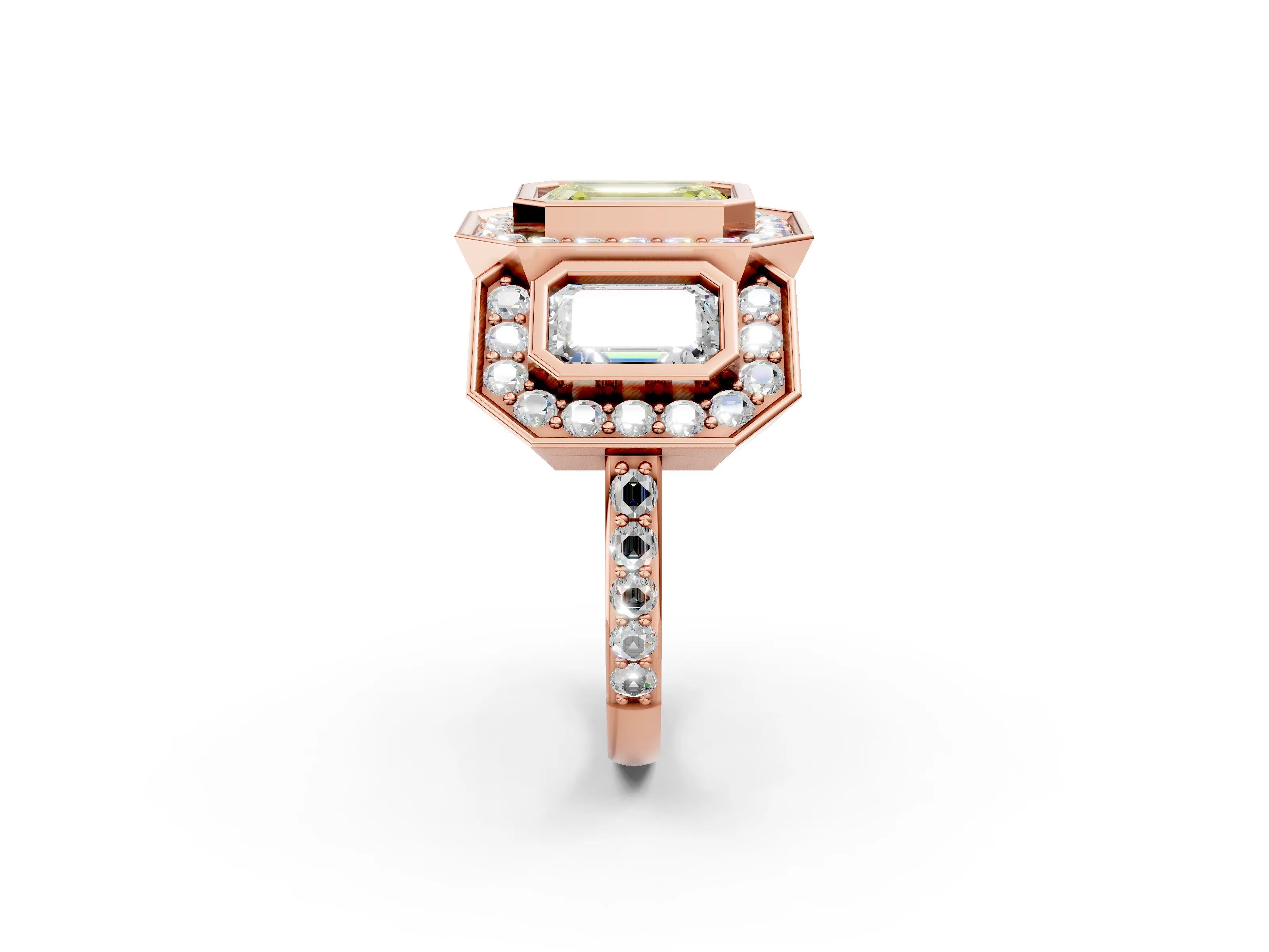 Rose gold Three-Stone Fancy Yellow Emerald Cut Halo Pavé Diamond Ring_14