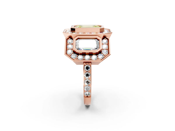 Rose Gold Emerald Cut Bezel Three Stone Halo Engagement Ring Setting for Fancy Yellow Center