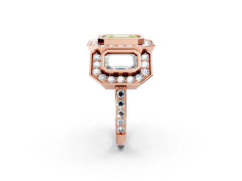 Rose gold Three-Stone Fancy Yellow Emerald Cut Halo Pavé Diamond Ring_14