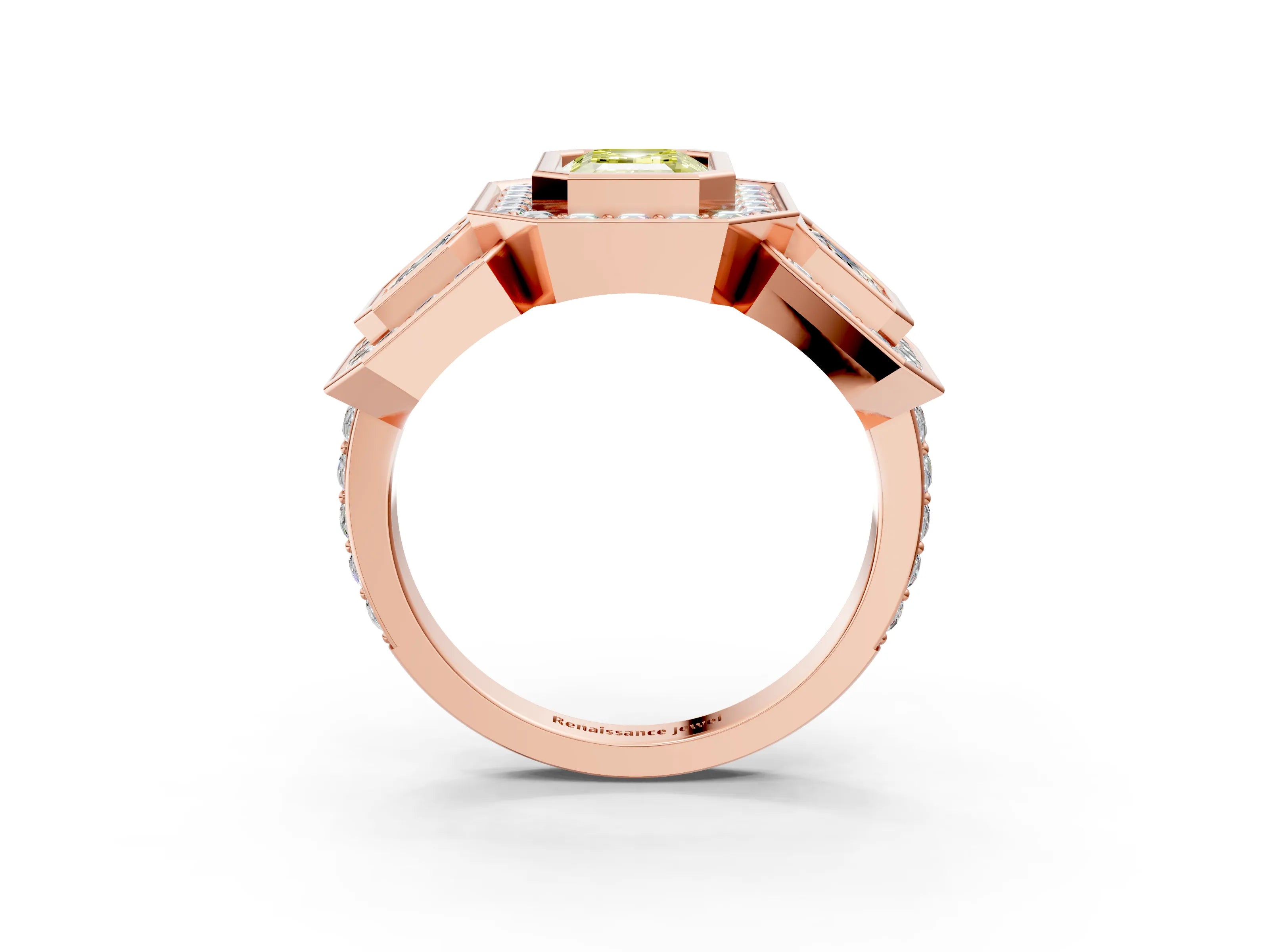Rose gold Three-Stone Fancy Yellow Emerald Cut Halo Pavé Diamond Ring_15