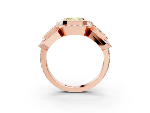 Rose gold Three-Stone Fancy Yellow Emerald Cut Halo Pavé Diamond Ring_15