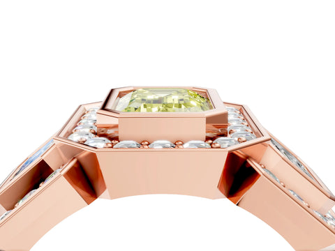 Rose gold Three-Stone Fancy Yellow Emerald Cut Halo Pavé Diamond Ring_16