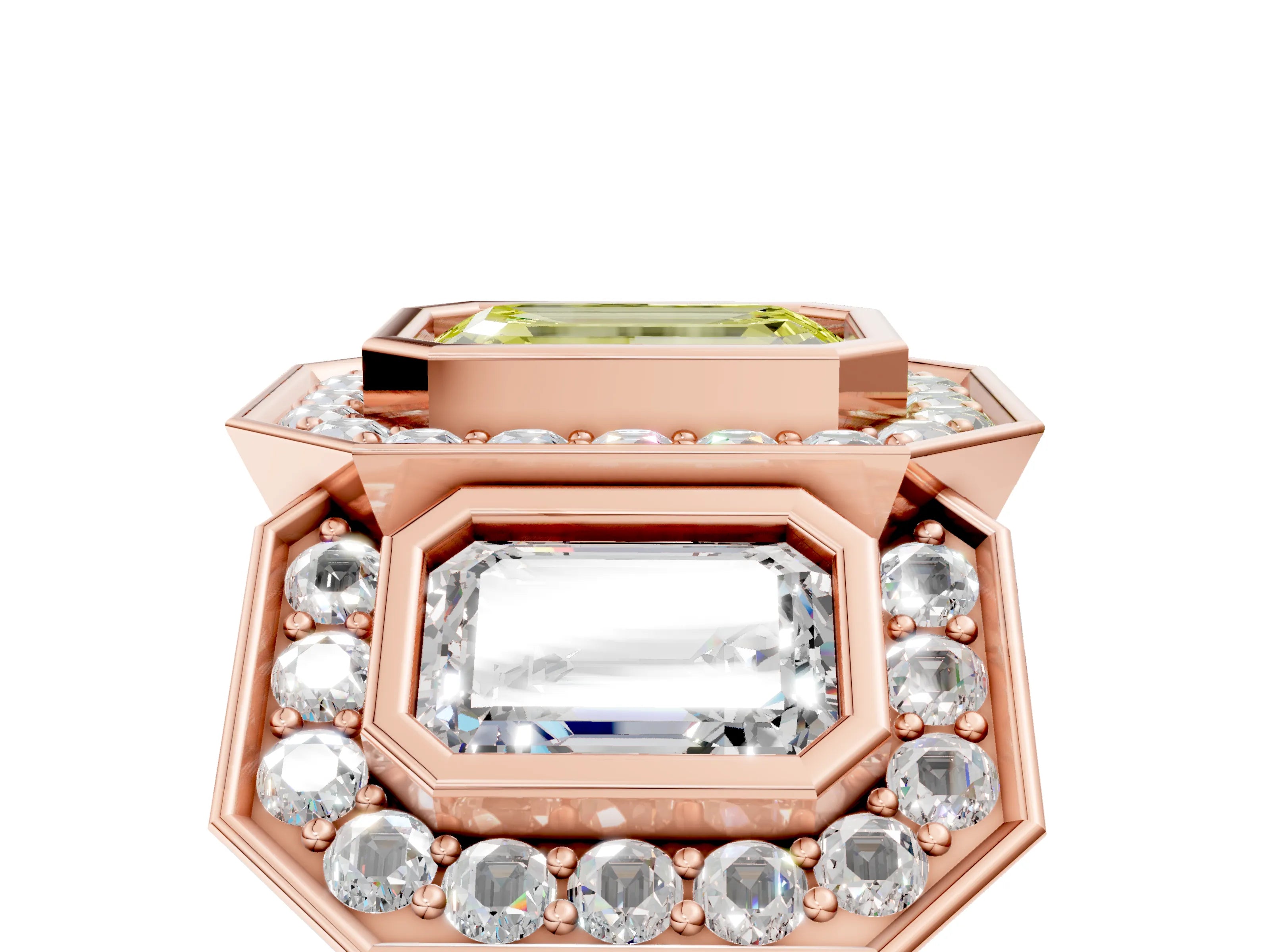 Rose gold Three-Stone Fancy Yellow Emerald Cut Halo Pavé Diamond Ring_17