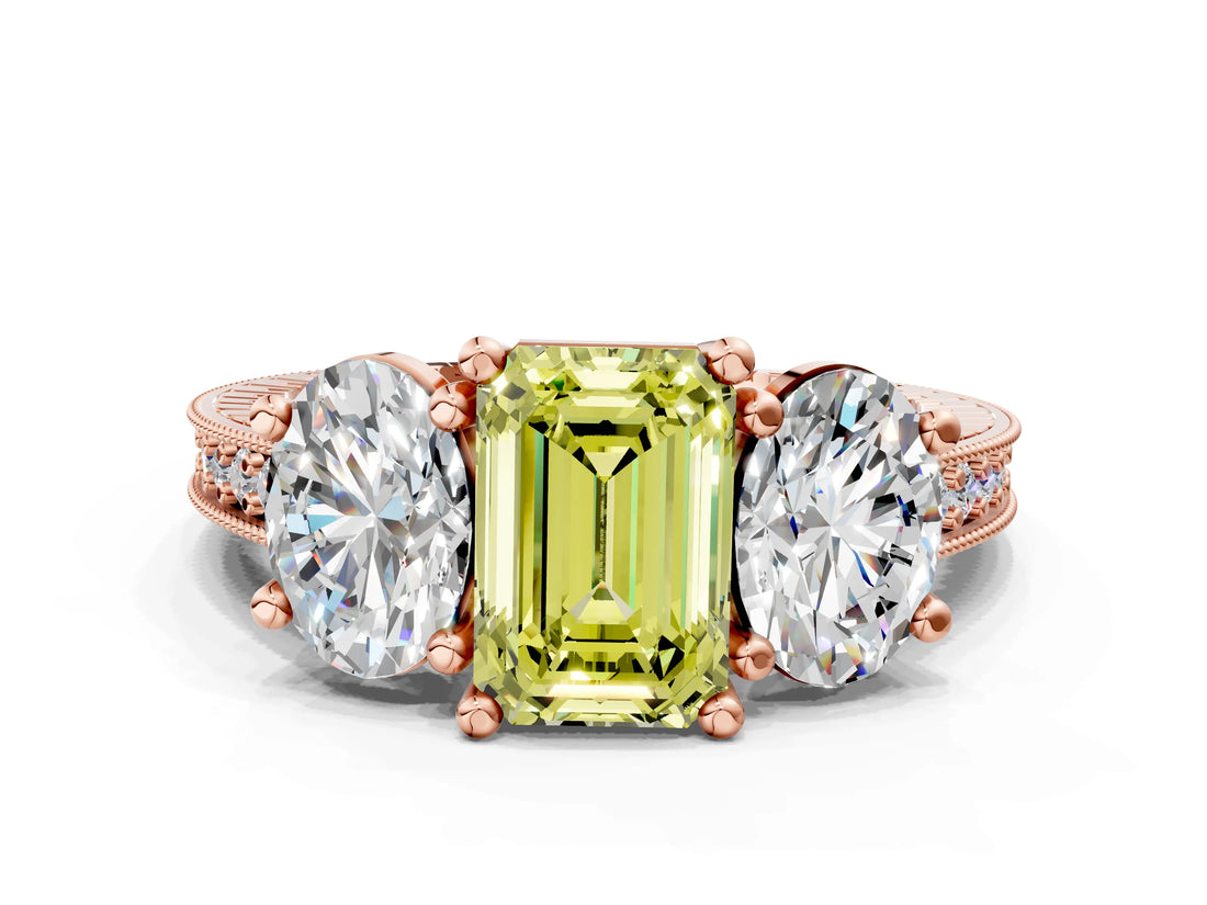 Rose gold Three-Stone Fancy Yellow Emerald  Diamond Milgrain Pave Band with Prong Setting 1