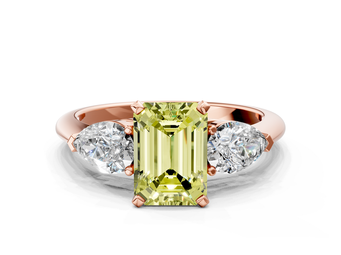 Rose gold Three-Stone Fancy Yellow Emerald  Diamond Ring with Pear Side Stones in Four-Prong Setting_61