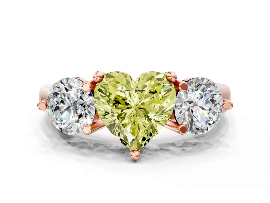 Rose gold Three-Stone Fancy Yellow Heart  Brilliant Cut Solitaire Ring with Prong Setting on a Classic Band 1