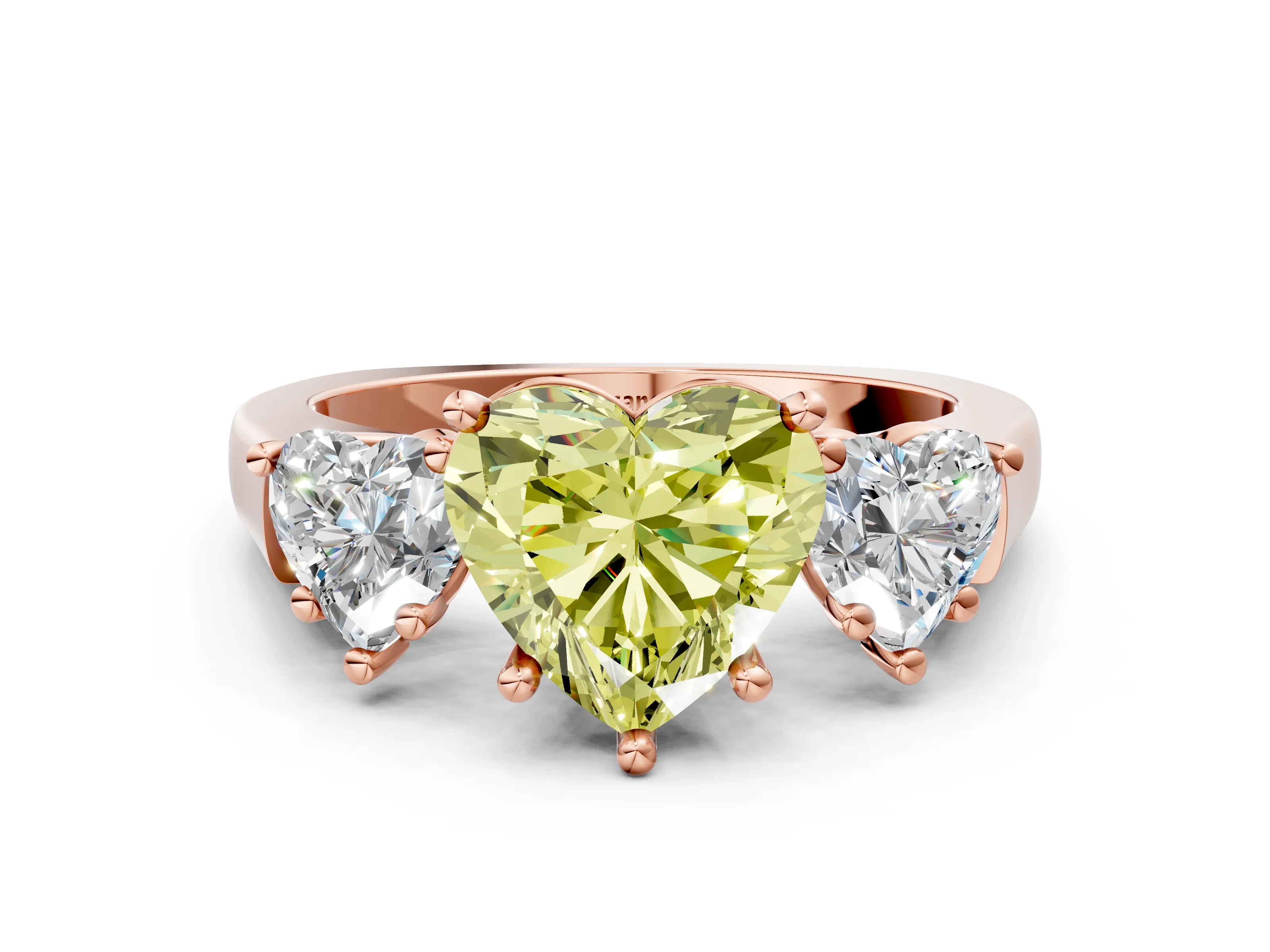 Rose gold Three-Stone Fancy Yellow Heart Cut Brilliant Diamond Trellis Ring with Comfort Fit Band