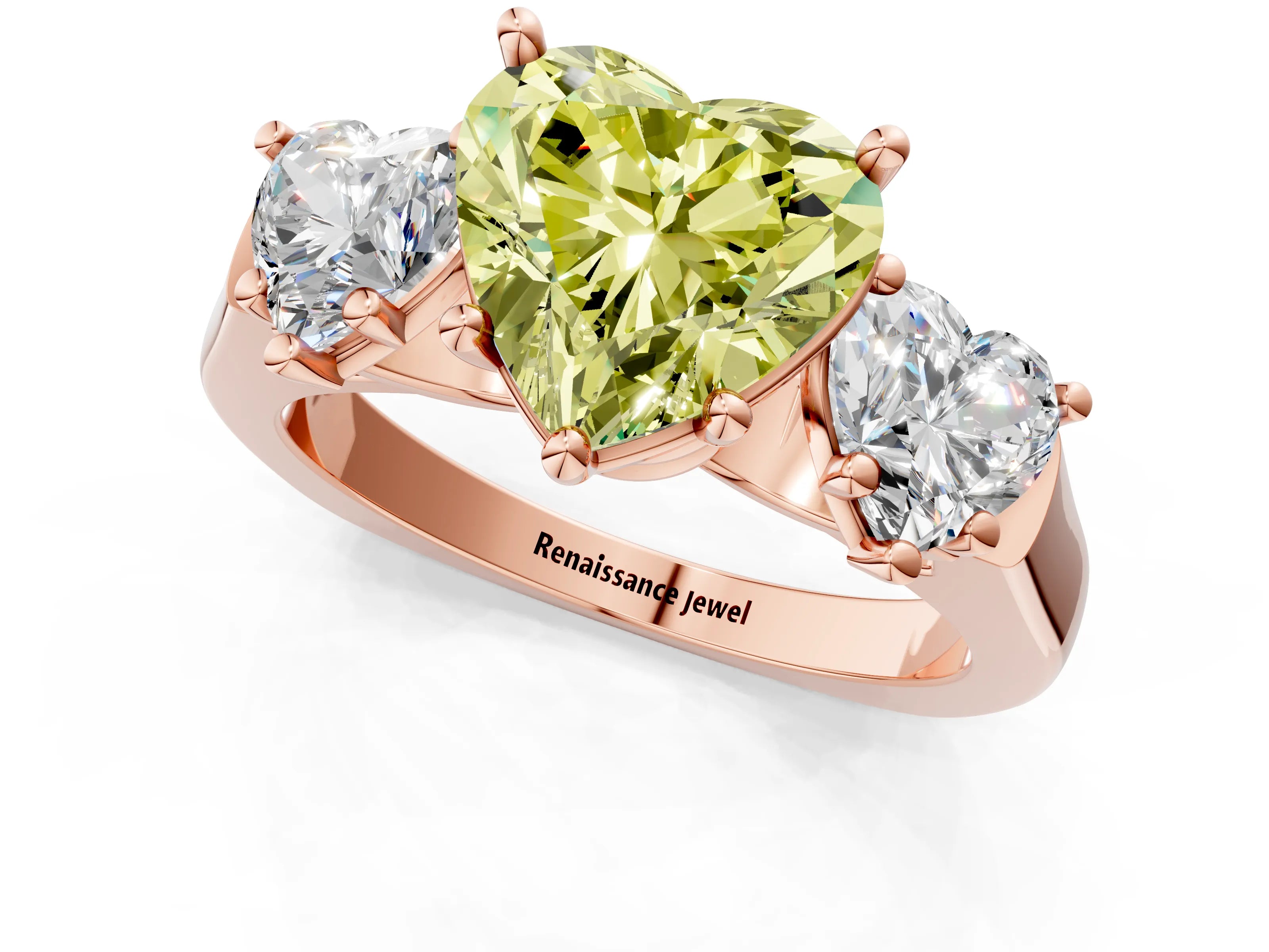 Rose gold Three-Stone Fancy Yellow Heart Cut Brilliant Diamond Trellis Ring with Comfort Fit Band_1