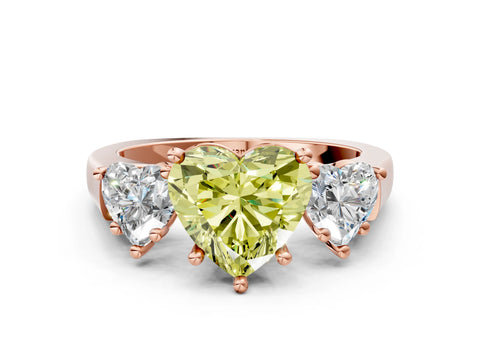 Rose gold Three-Stone Fancy Yellow Heart Cut Brilliant Diamond Trellis Ring with Comfort Fit Band