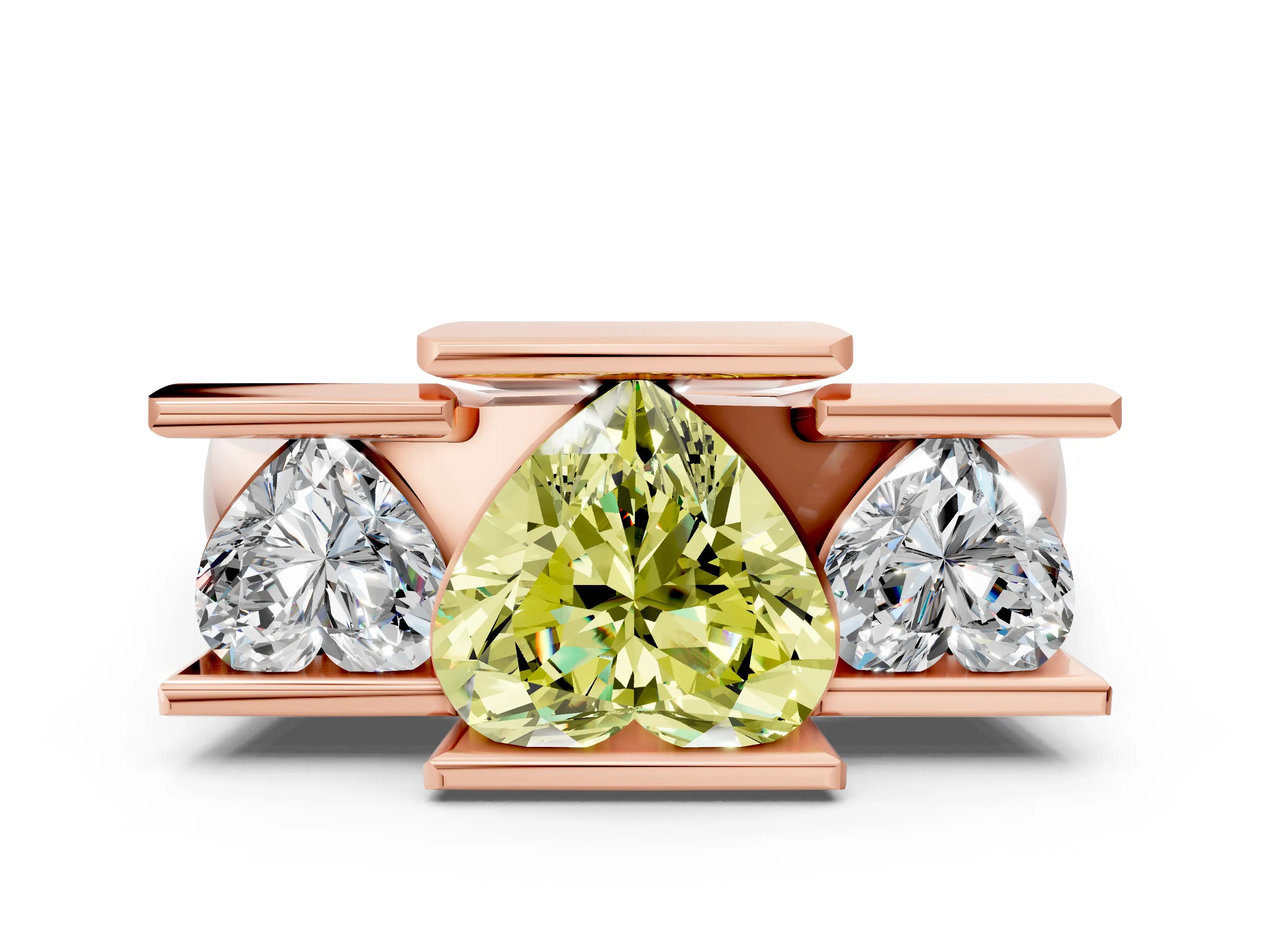 Rose gold Three Stone Fancy Yellow Heart Cut Cut Channel Set Diamond Ring