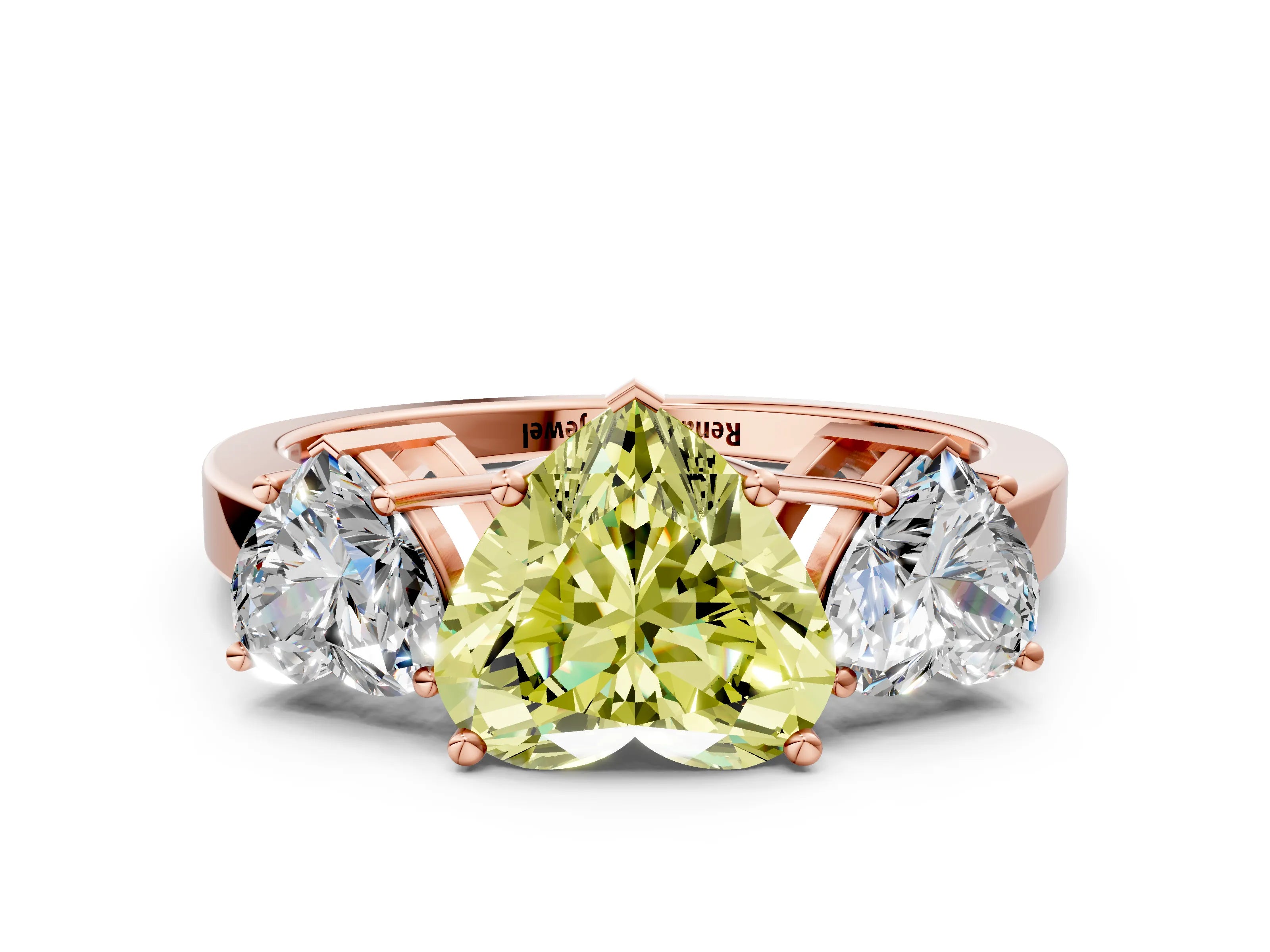 Rose gold Three-Stone Fancy Yellow Heart Cut Cut Diamond Engagement Ring with Flat Band and Four-Prong Setting