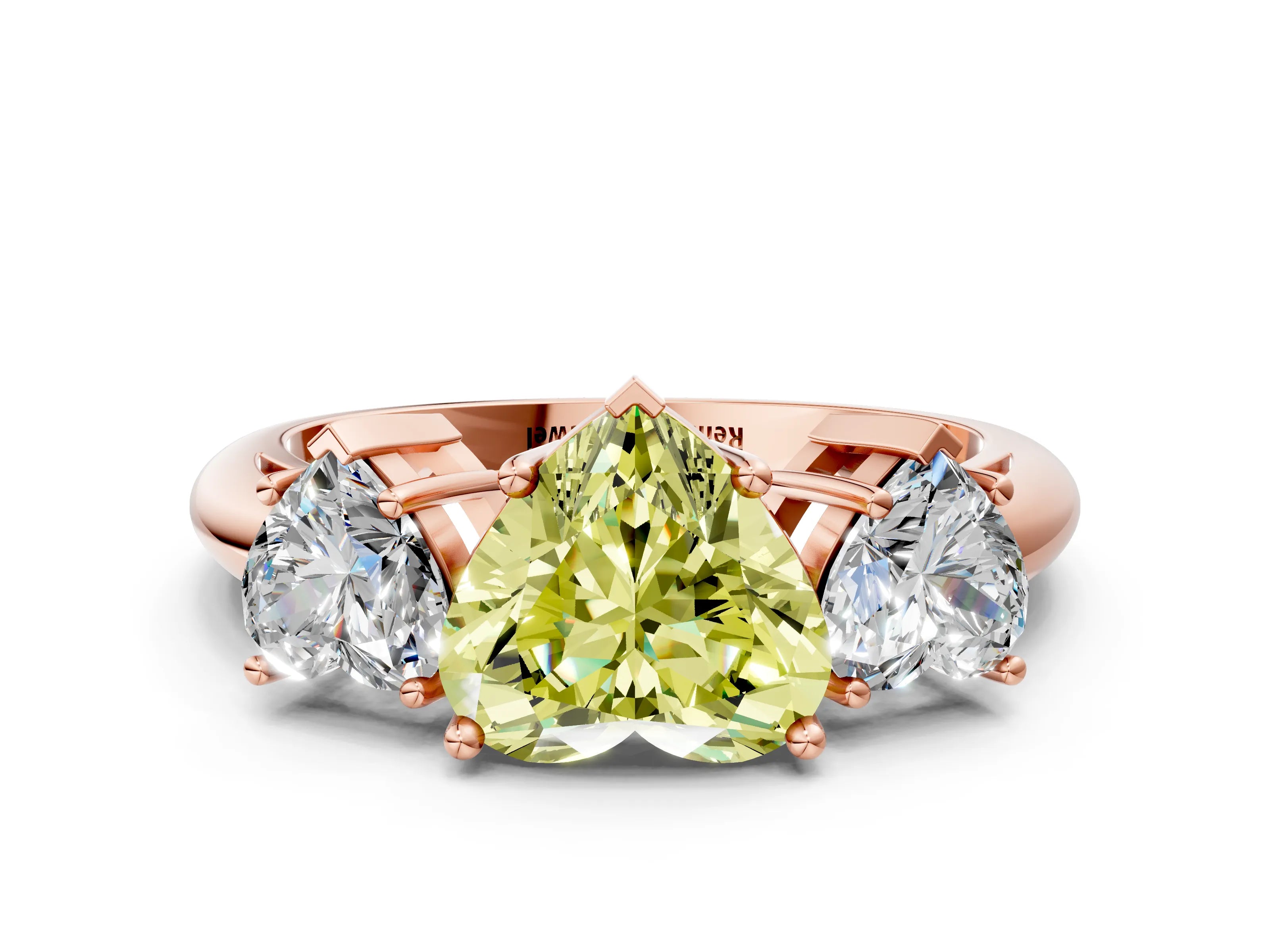 Rose gold Three-Stone Fancy Yellow Heart Cut Cut Diamond Engagement Ring with Prong Setting on a White Gold Band