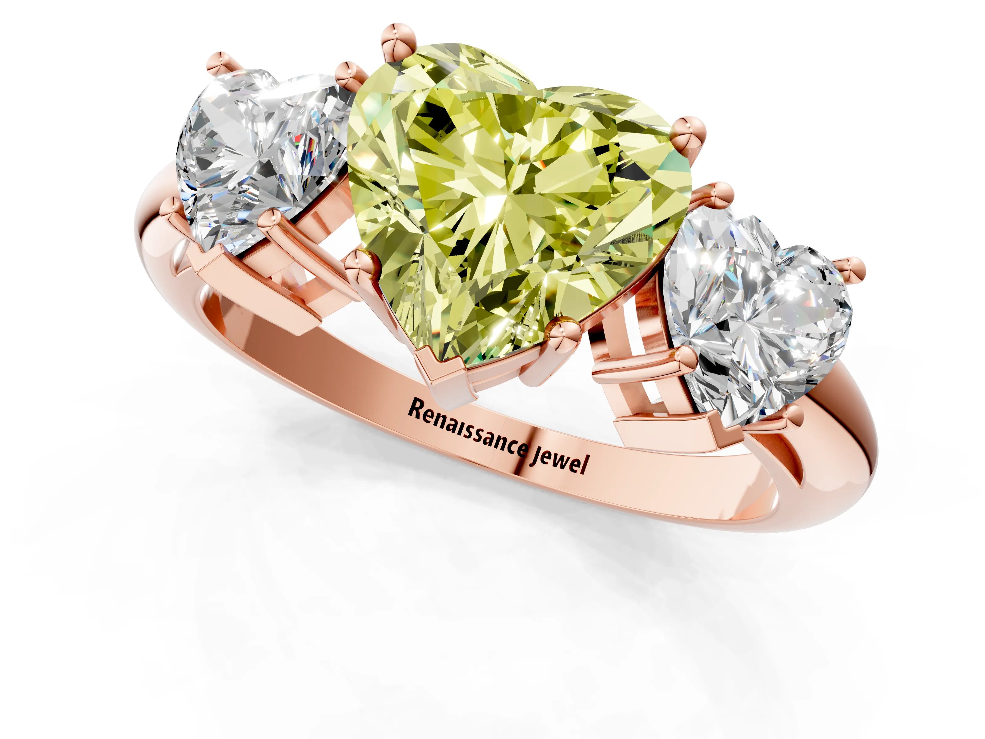Rose gold Three-Stone Fancy Yellow Heart Cut Cut Diamond Engagement Ring with Prong Setting on a White Gold Band_1
