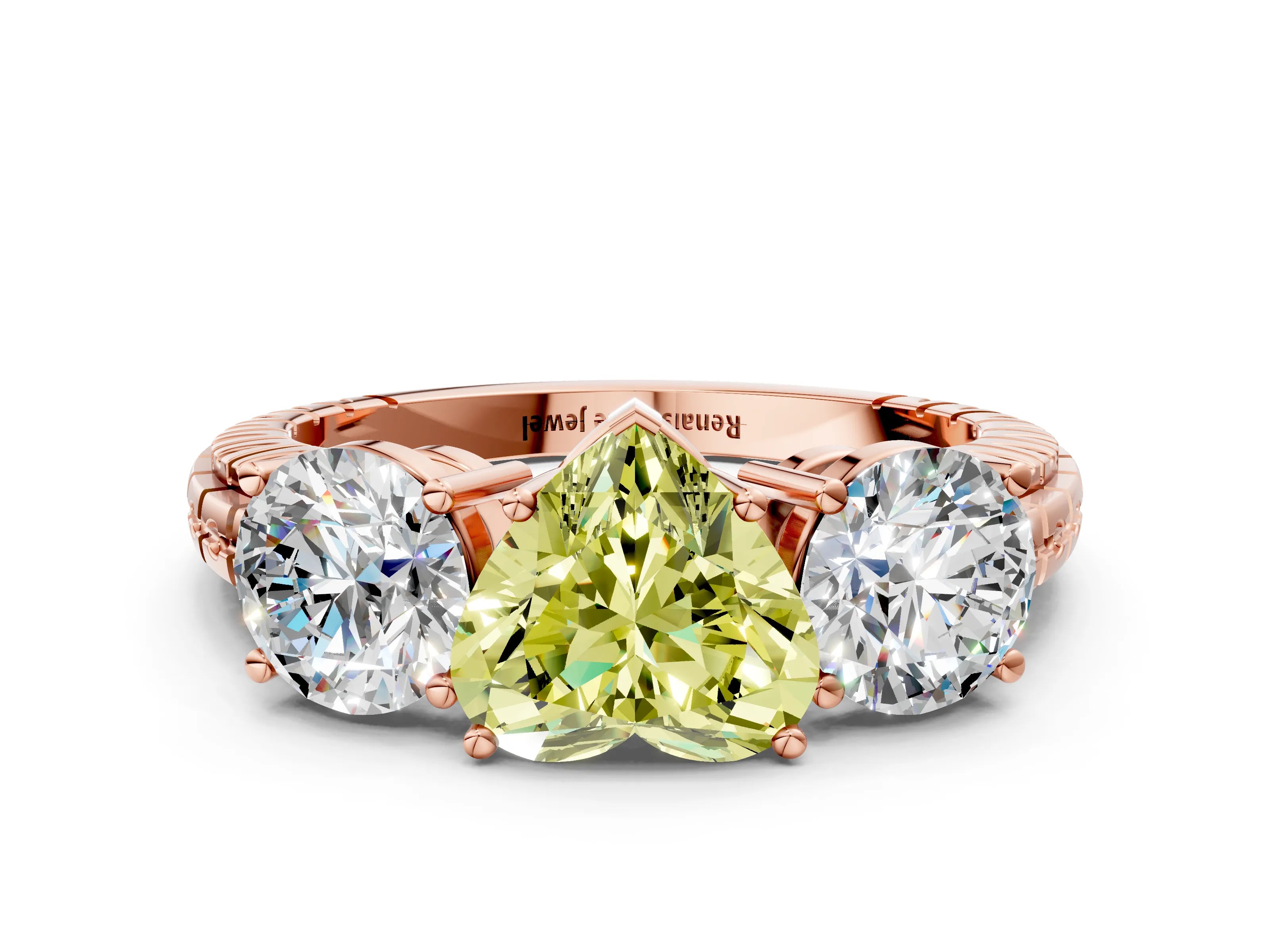 Rose gold Three-Stone Fancy Yellow Heart Cut Cut Diamond Ring with Channel-Set Band and Prong Setting