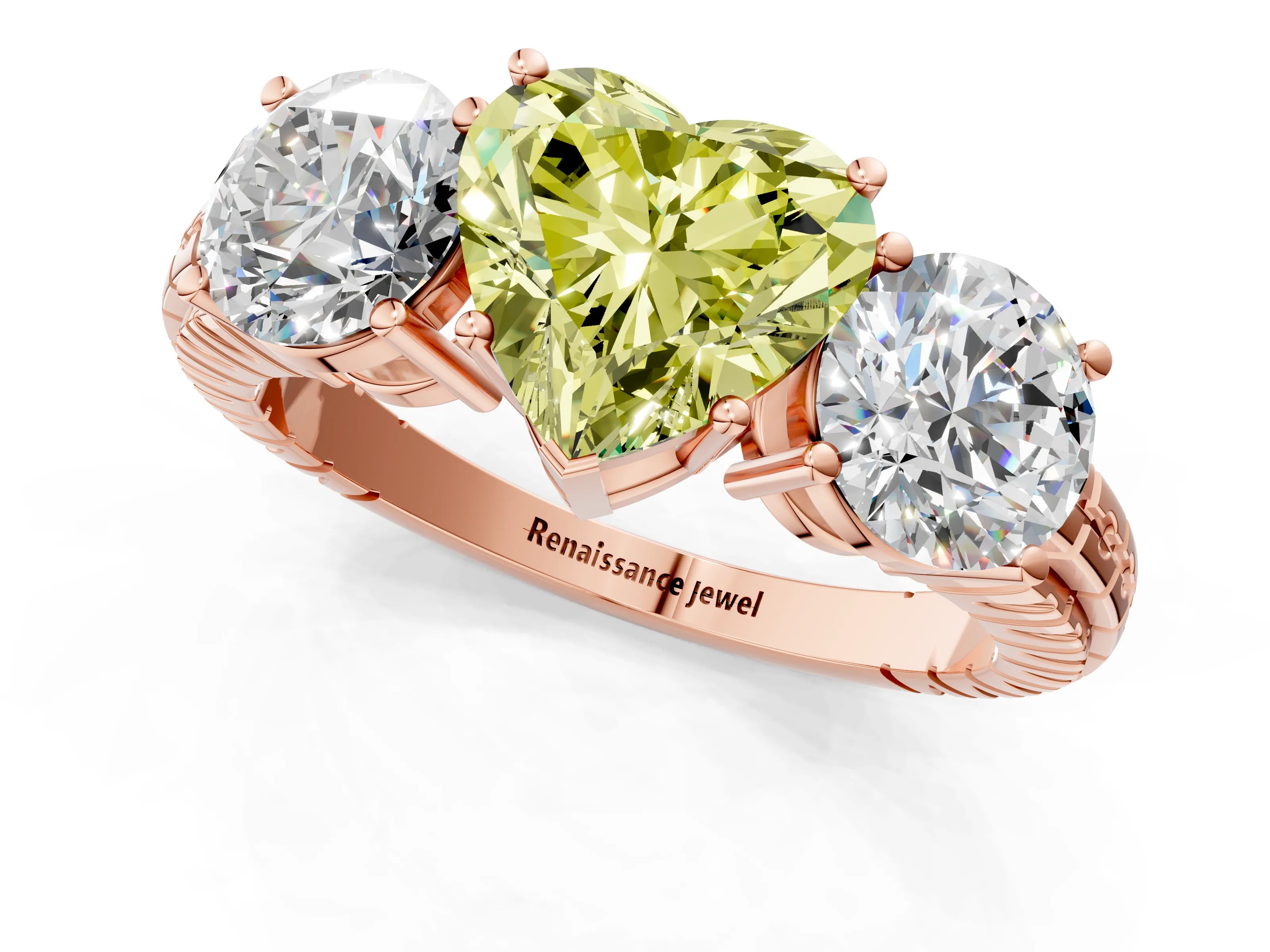 Rose gold Three-Stone Fancy Yellow Heart Cut Cut Diamond Ring with Channel-Set Band and Prong Setting_1