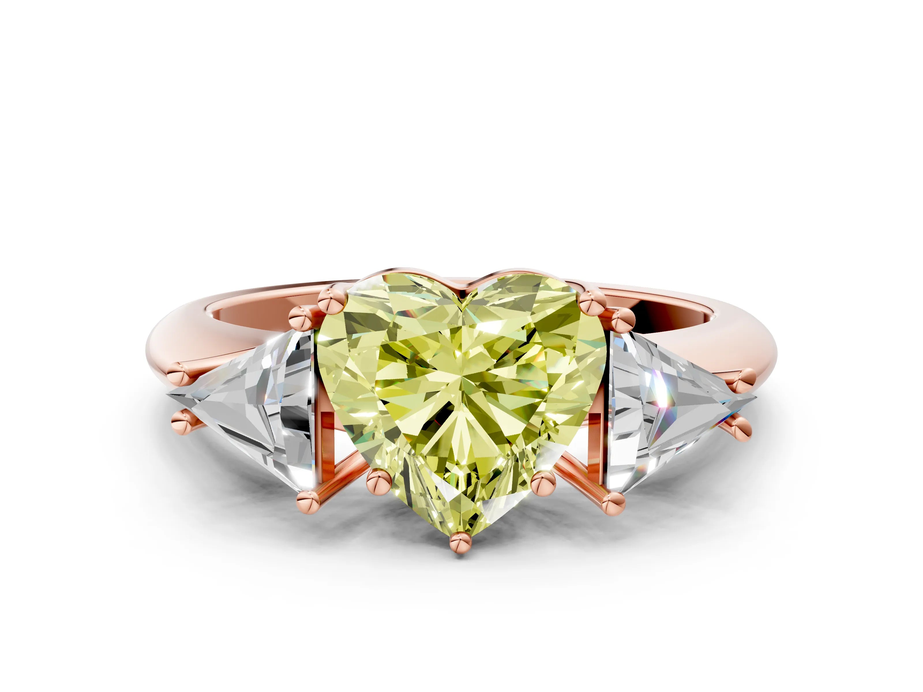 Rose gold Three-Stone Fancy Yellow Heart Cut Cut Diamond Ring with Trillion Side Stones and Four-Prong Setting_3