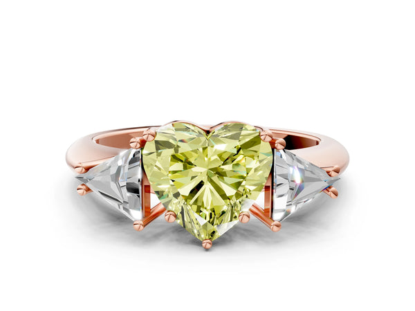 Rose gold Three-Stone Fancy Yellow Heart Cut Cut Diamond Ring with Trillion Side Stones and Four-Prong Setting