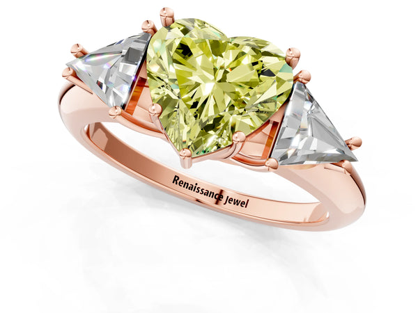 Rose gold Three-Stone Fancy Yellow Heart Cut Cut Diamond Ring with Trillion Side Stones and Four-Prong Setting