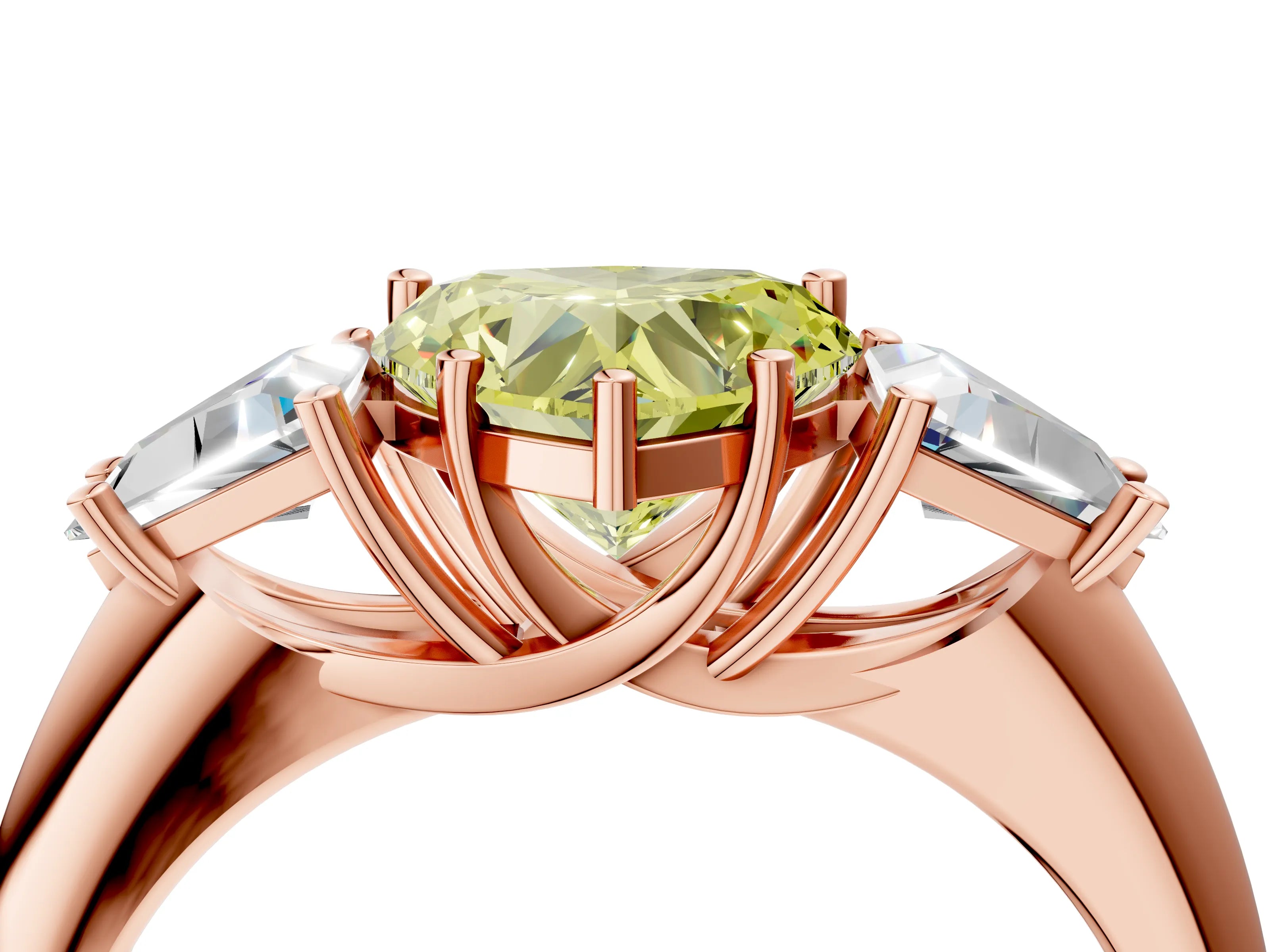 Rose gold Three-Stone Fancy Yellow Heart Cut Cut Diamond Ring with Trillion Side Stones and Four-Prong Setting_7