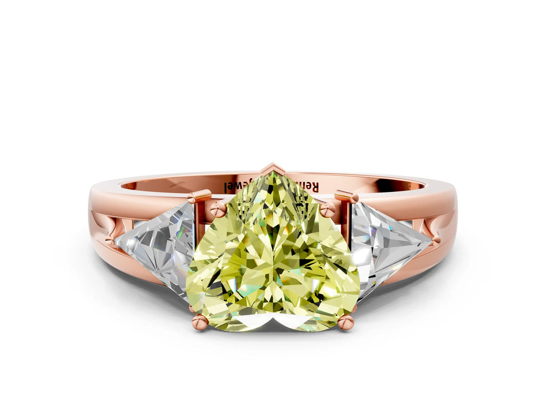 Rose gold Three-Stone Fancy Yellow Heart Cut Cut Diamond Ring with Trillion Side Stones on a Split Shank Band