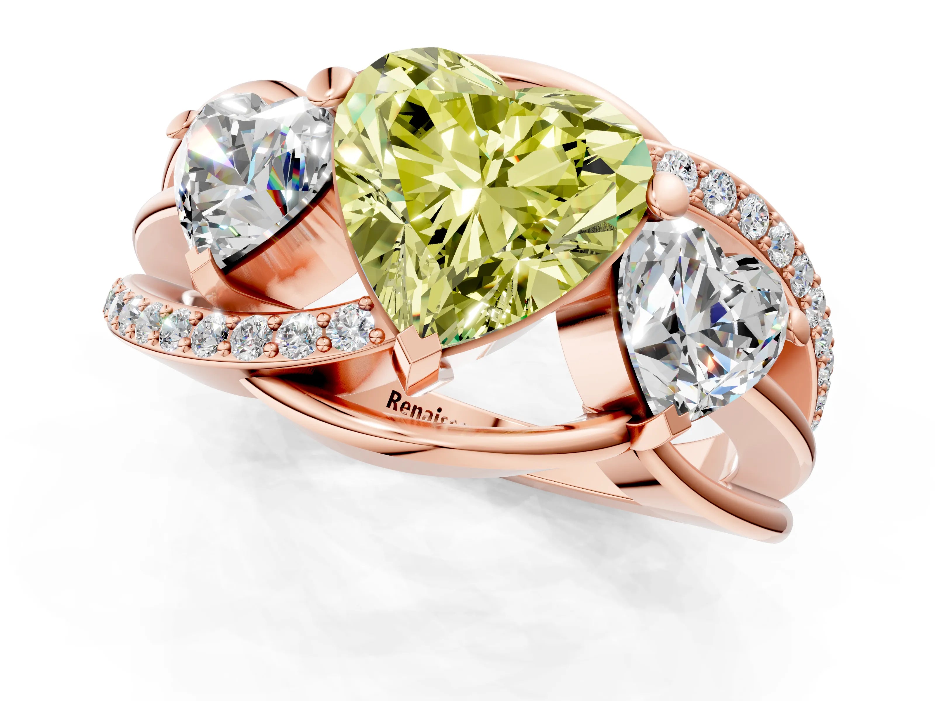 Rose gold Three-Stone Fancy Yellow Heart Cut Cut Diamond Split Shank Prong Set Ring_1