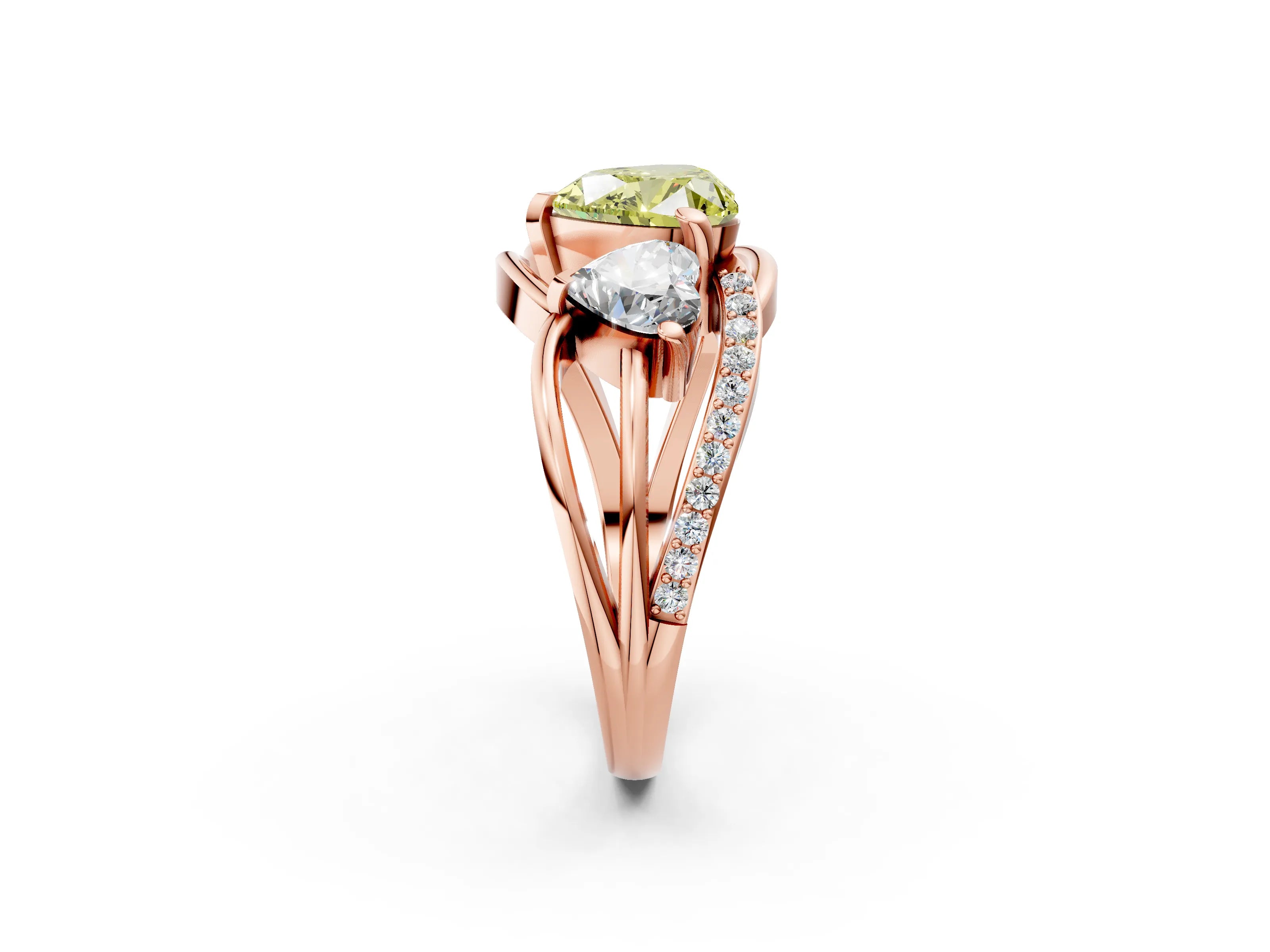 Rose gold Three-Stone Fancy Yellow Heart Cut Cut Diamond Split Shank Prong Set Ring_2