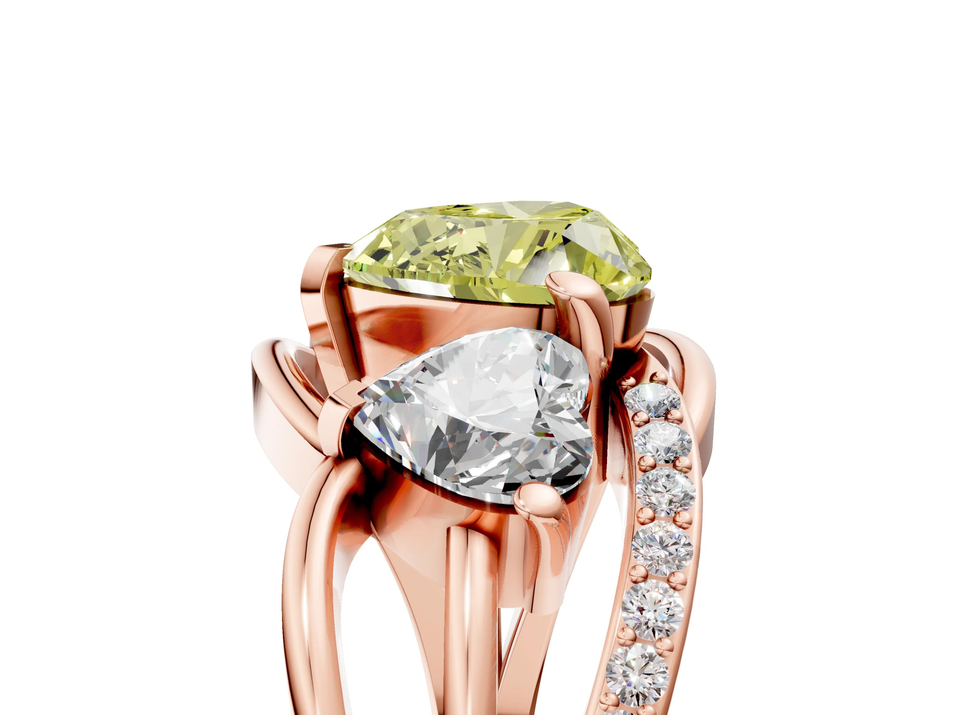 Rose gold Three-Stone Fancy Yellow Heart Cut Cut Diamond Split Shank Prong Set Ring_5