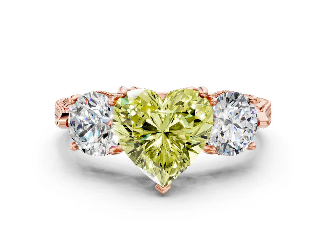 Rose gold Three-Stone Fancy Yellow Heart Cut Cut Milgrain Band Prong Setting Ring_18