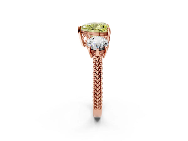 Rose Gold Heart-Shaped Vintage Three Stone Engagement Ring Setting for Fancy Yellow Center