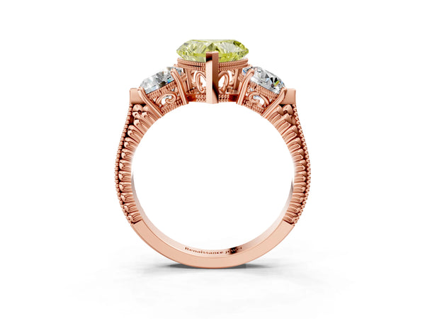 Rose Gold Heart-Shaped Vintage Three Stone Engagement Ring Setting for Fancy Yellow Center