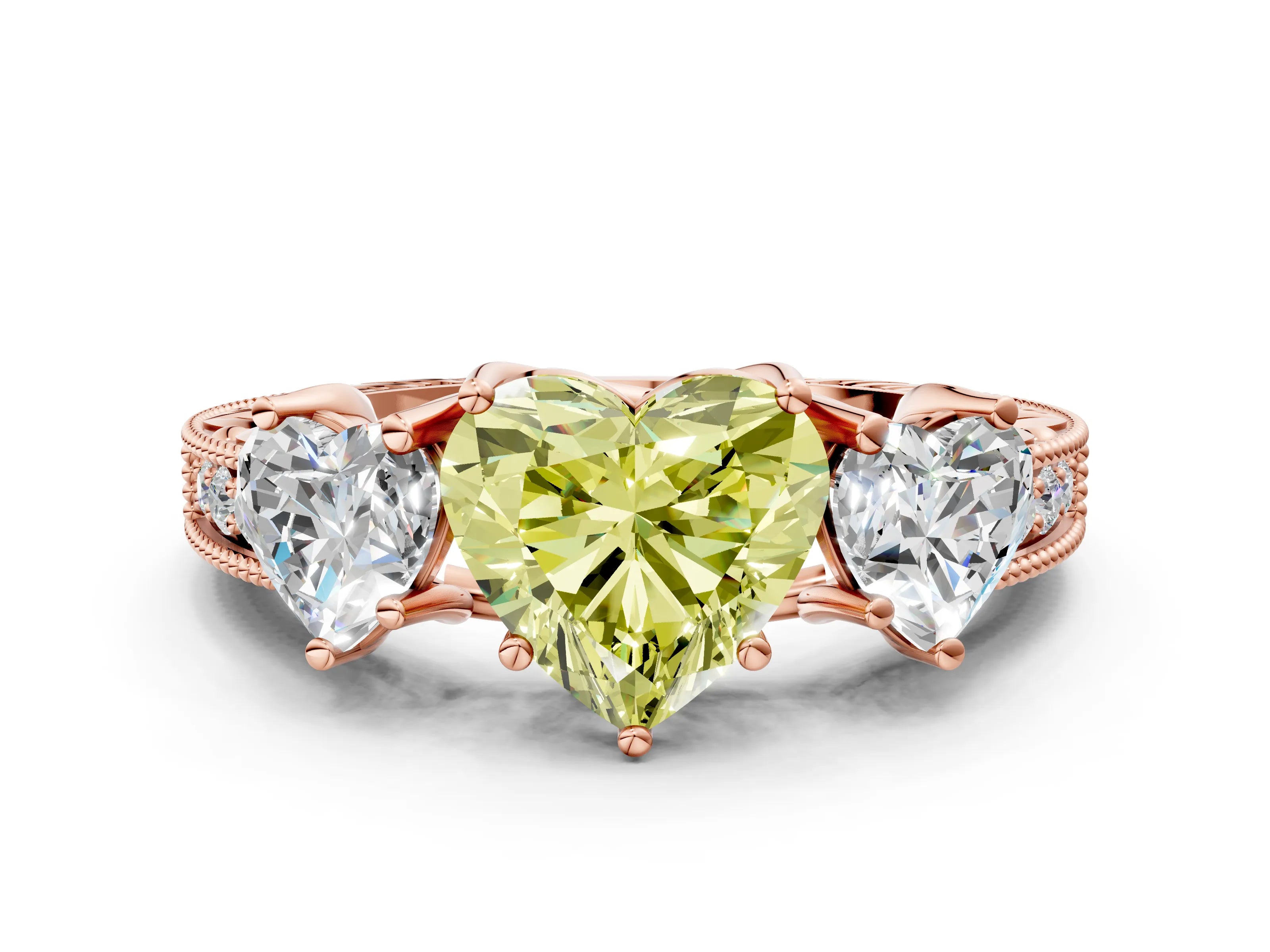Rose gold Three-Stone Fancy Yellow Heart Cut Cut Milgrain Pavé Engagement Ring