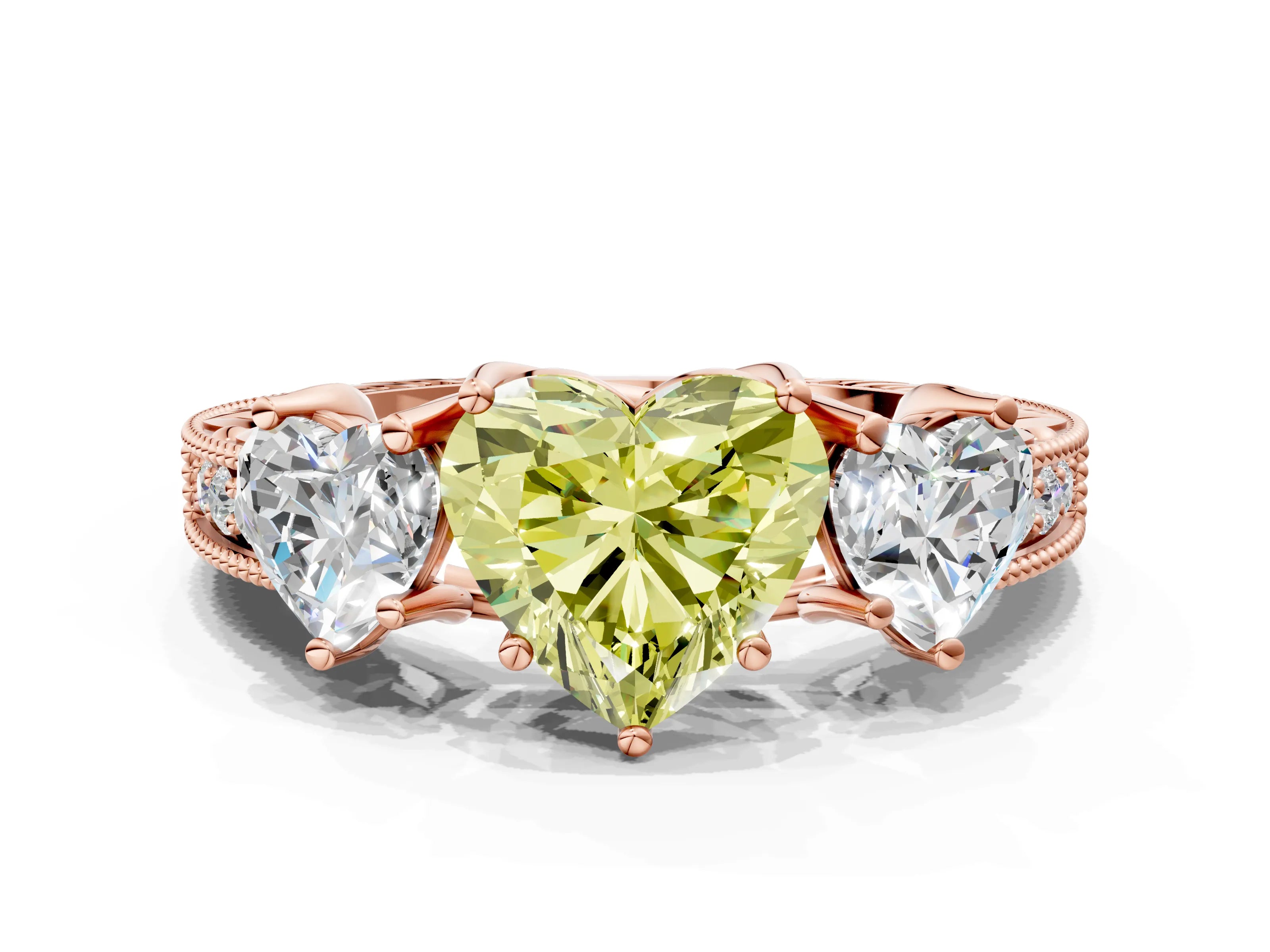 Rose gold Three-Stone Fancy Yellow Heart Cut Cut Milgrain Pavé Engagement Ring_12