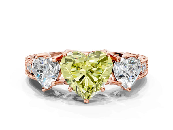 Rose Gold Heart-Shaped Engraved Three Stone Engagement Ring Setting for Fancy Yellow Center