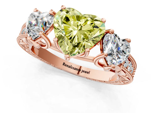 Rose gold Three-Stone Fancy Yellow Heart Cut Cut Milgrain Pavé Engagement Ring_13