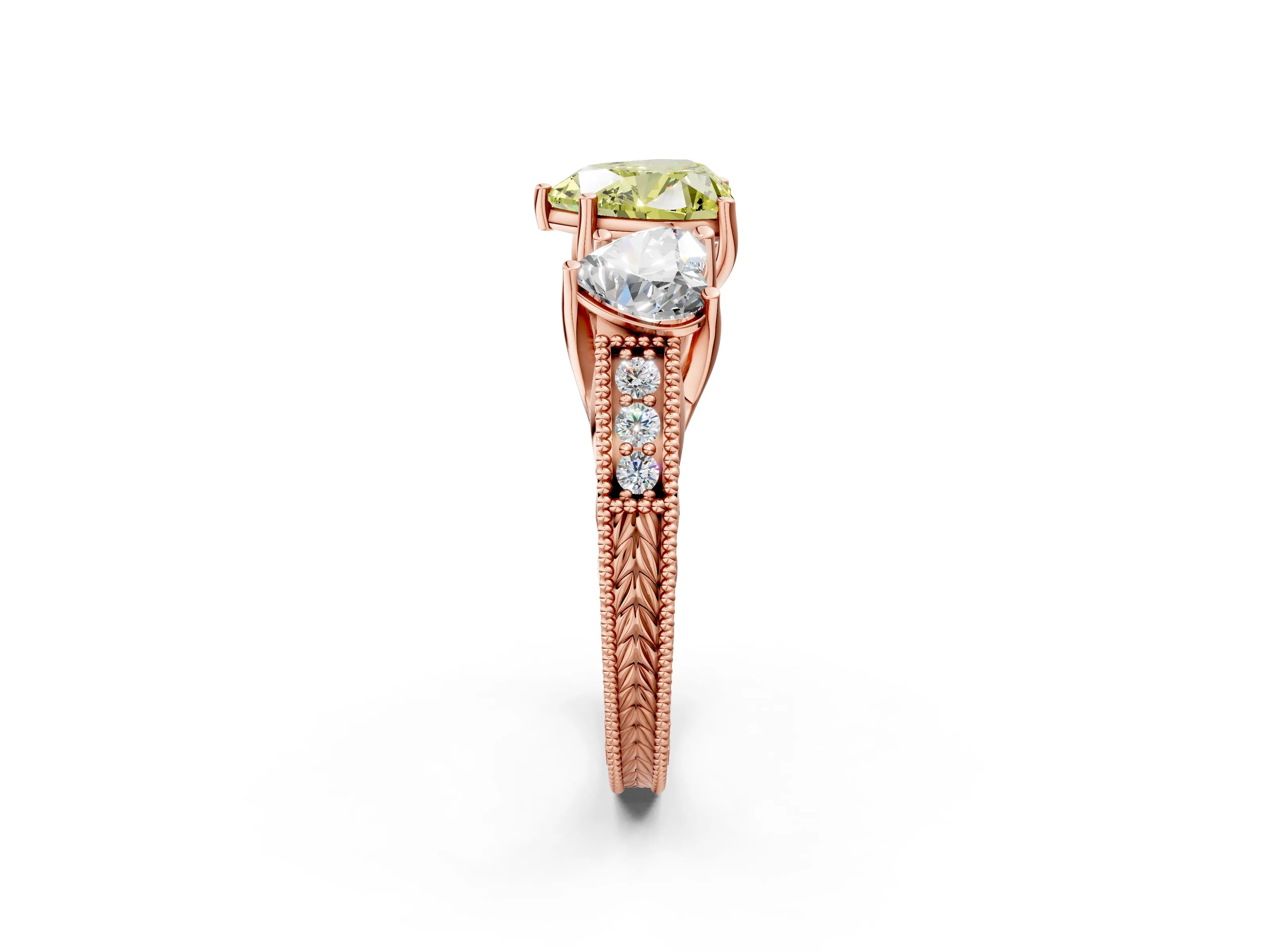 Rose gold Three-Stone Fancy Yellow Heart Cut Cut Milgrain Pavé Engagement Ring_14