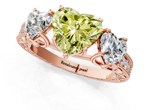 Rose gold Three-Stone Fancy Yellow Heart Cut Cut Milgrain Pavé Engagement Ring_1