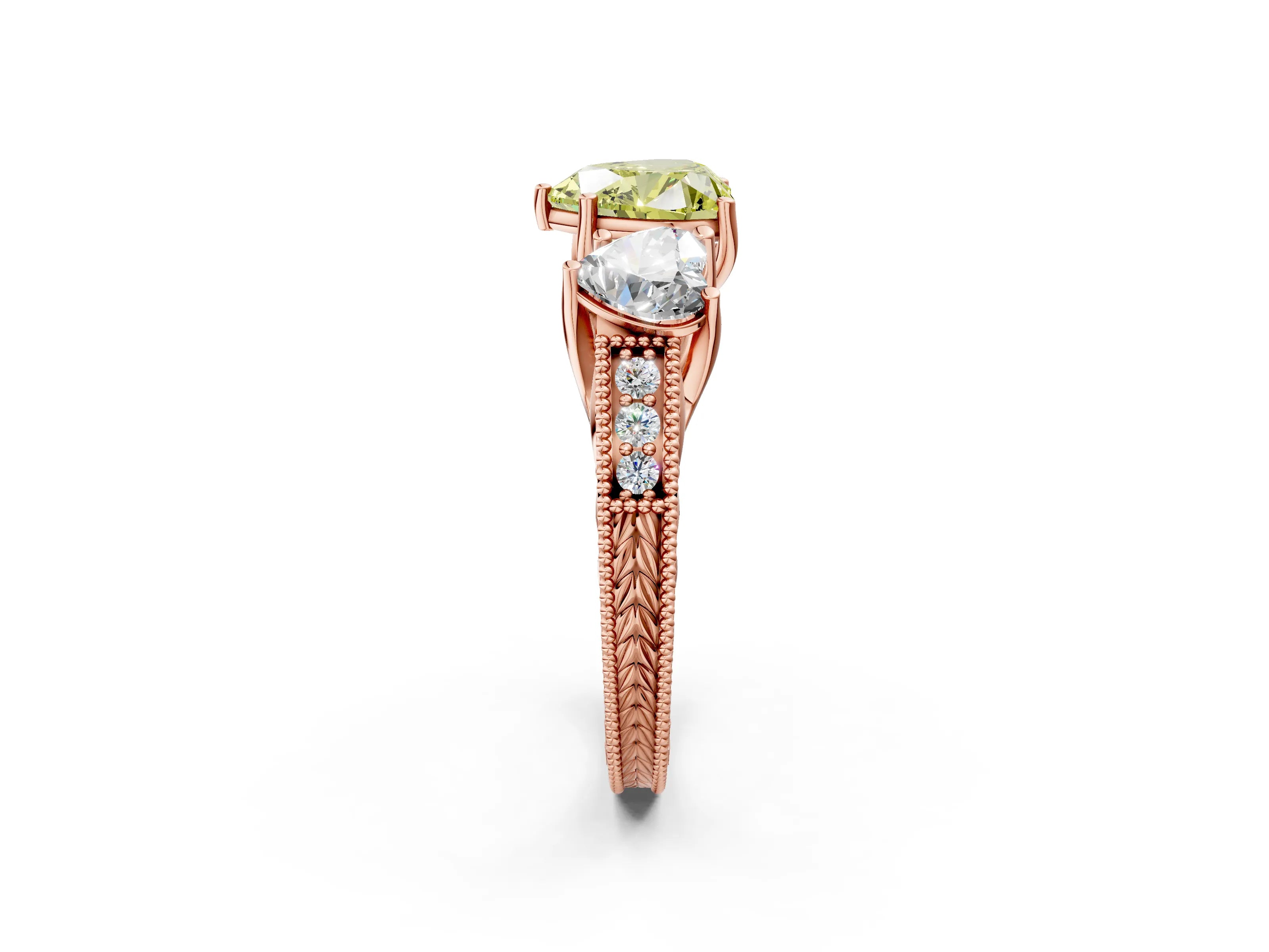 Rose gold Three-Stone Fancy Yellow Heart Cut Cut Milgrain Pavé Engagement Ring_2