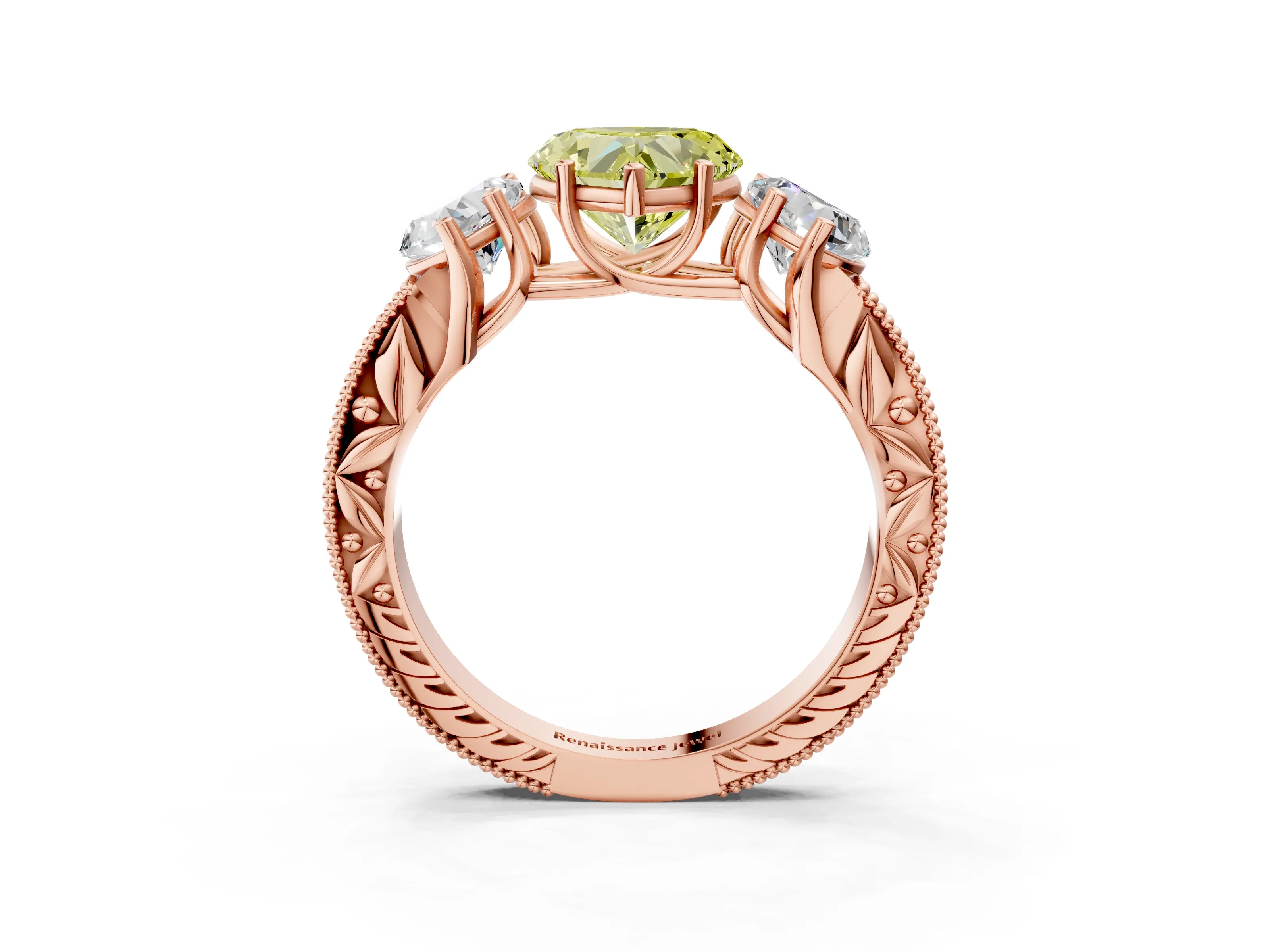 Rose gold Three-Stone Fancy Yellow Heart Cut Cut Milgrain Pavé Engagement Ring_3