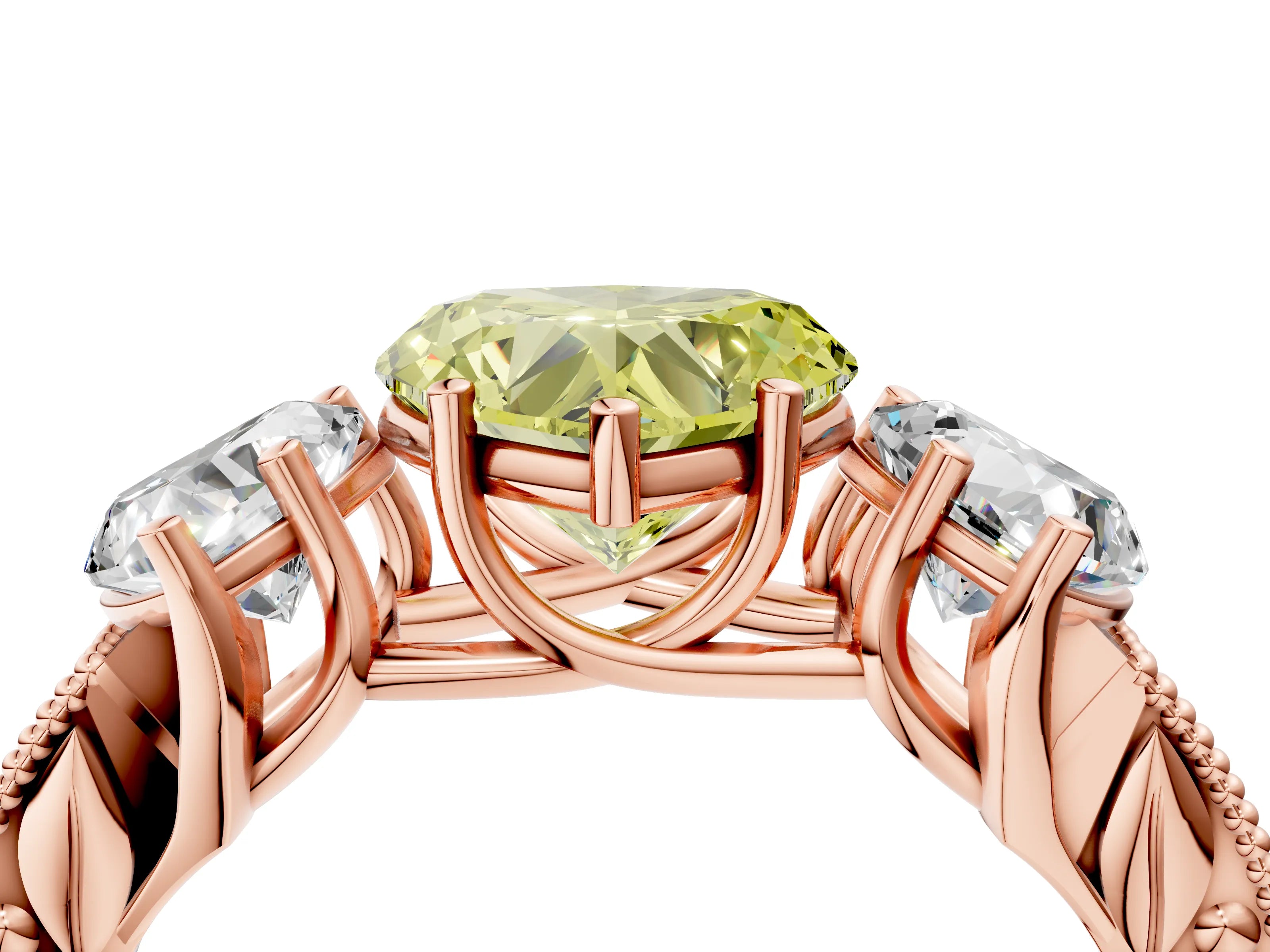 Rose gold Three-Stone Fancy Yellow Heart Cut Cut Milgrain Pavé Engagement Ring_4