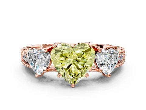 Rose gold Three-Stone Fancy Yellow Heart Cut Cut Milgrain Pavé Engagement Ring