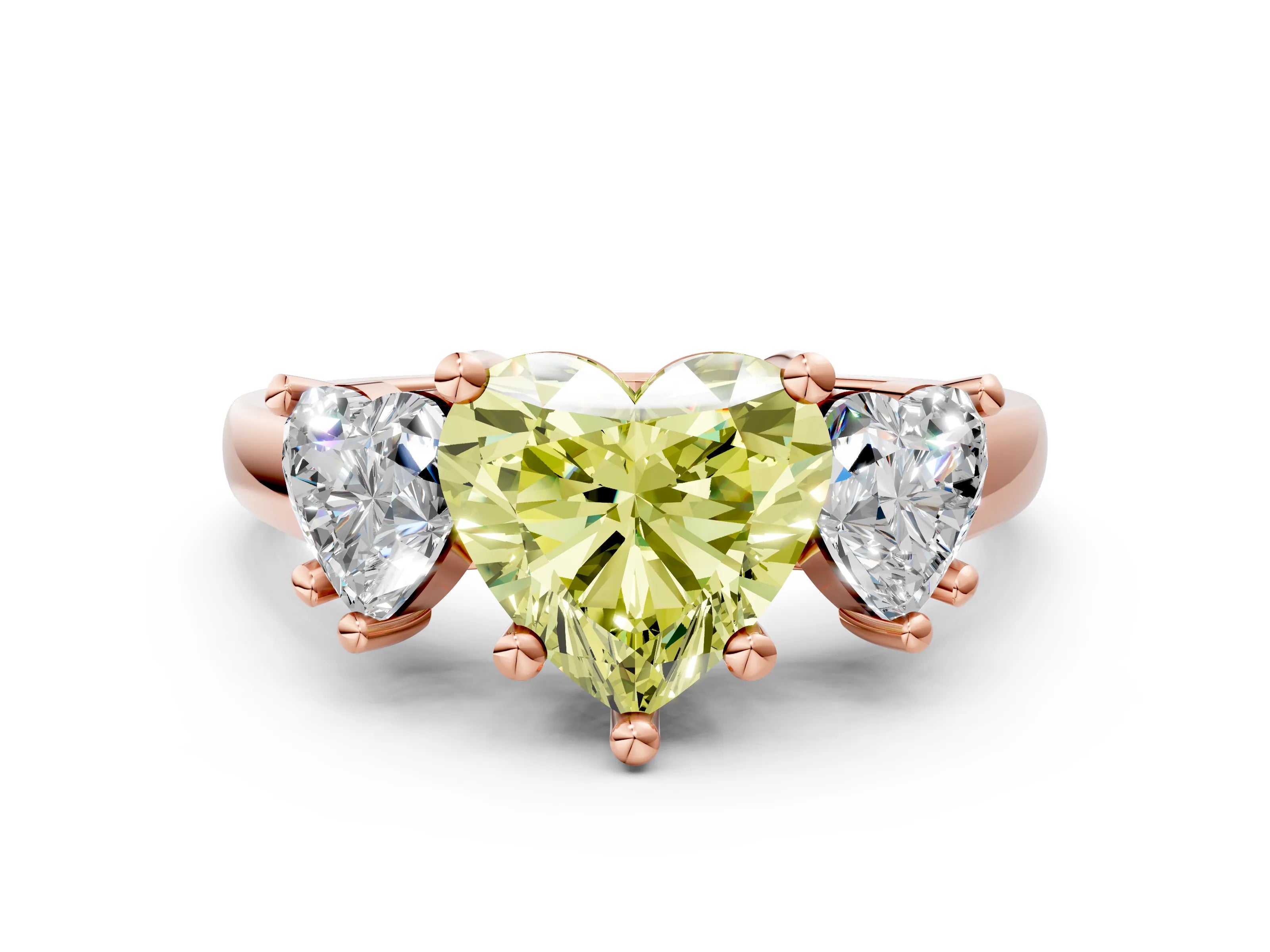 Rose gold Three-Stone Fancy Yellow Heart Cut Cut Solitaire Ring with Classic Prong Setting
