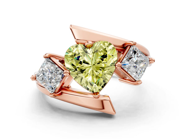 Rose gold Three-Stone Fancy Yellow Heart Cut Cut Tension Band Ring with Four-Prong Setting