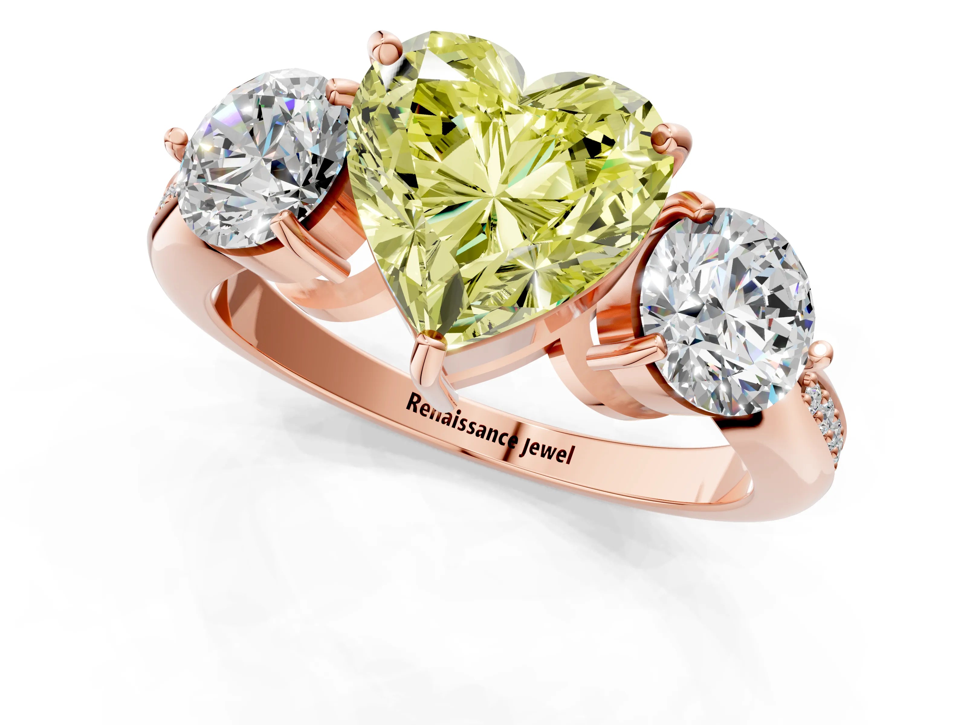 Rose gold Three-Stone Fancy Yellow Heart Cut Diamond Channel Set Engagement Ring with Prong Setting_13