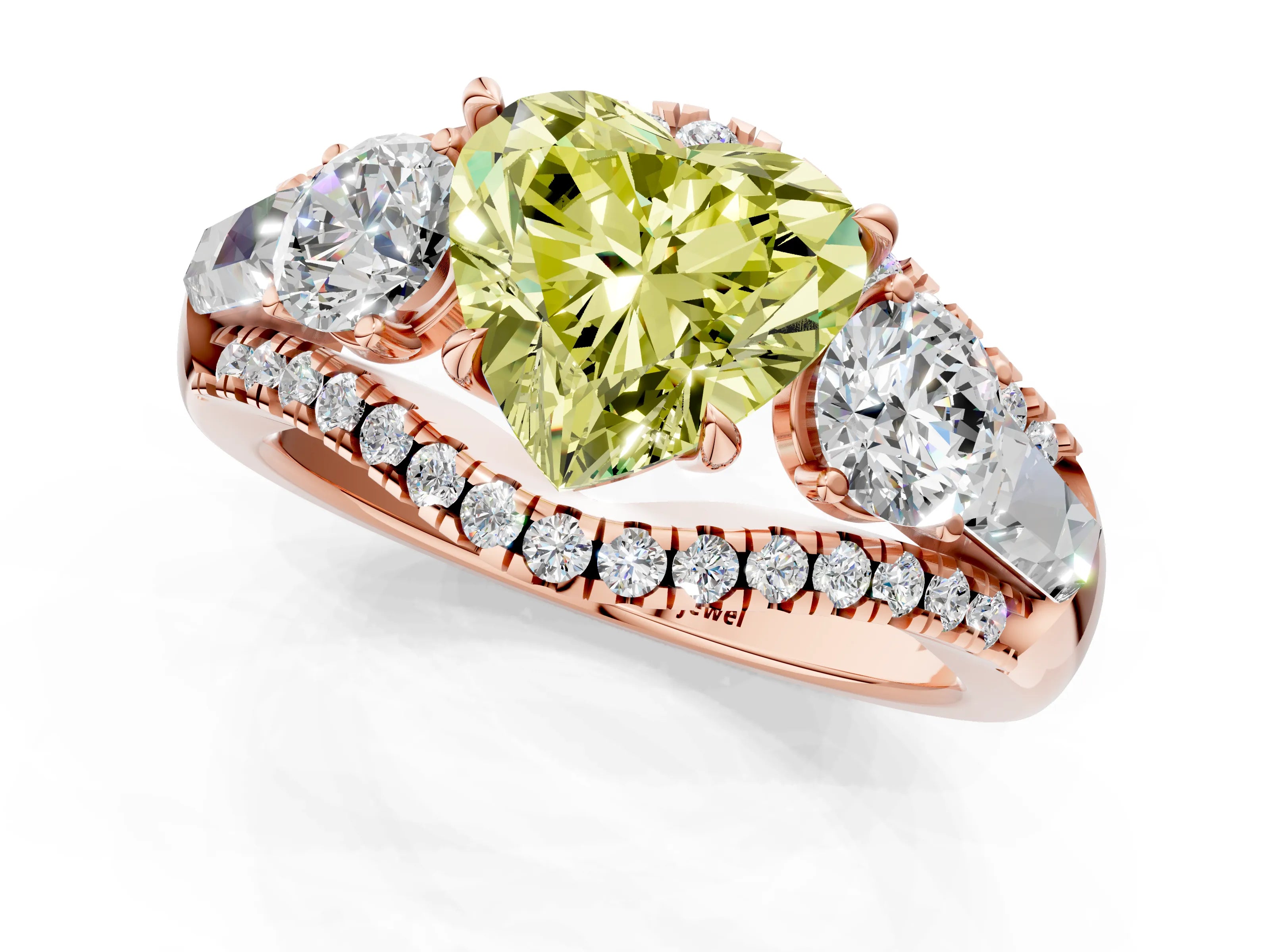 Rose gold Three-Stone Fancy Yellow Heart Cut Diamond Engagement Ring with Pave Band and Prong Setting_1