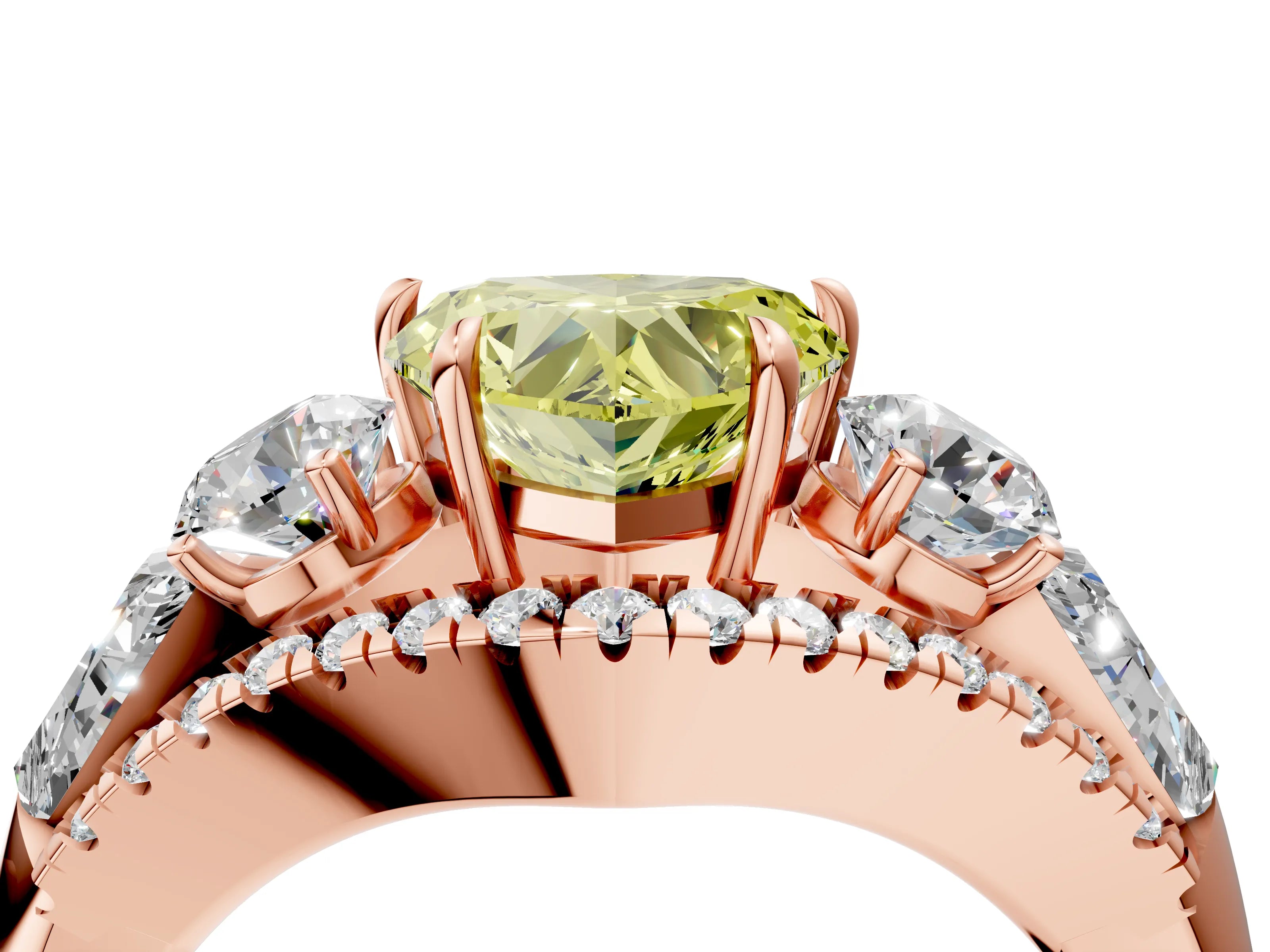 Rose gold Three-Stone Fancy Yellow Heart Cut Diamond Engagement Ring with Pave Band and Prong Setting_4