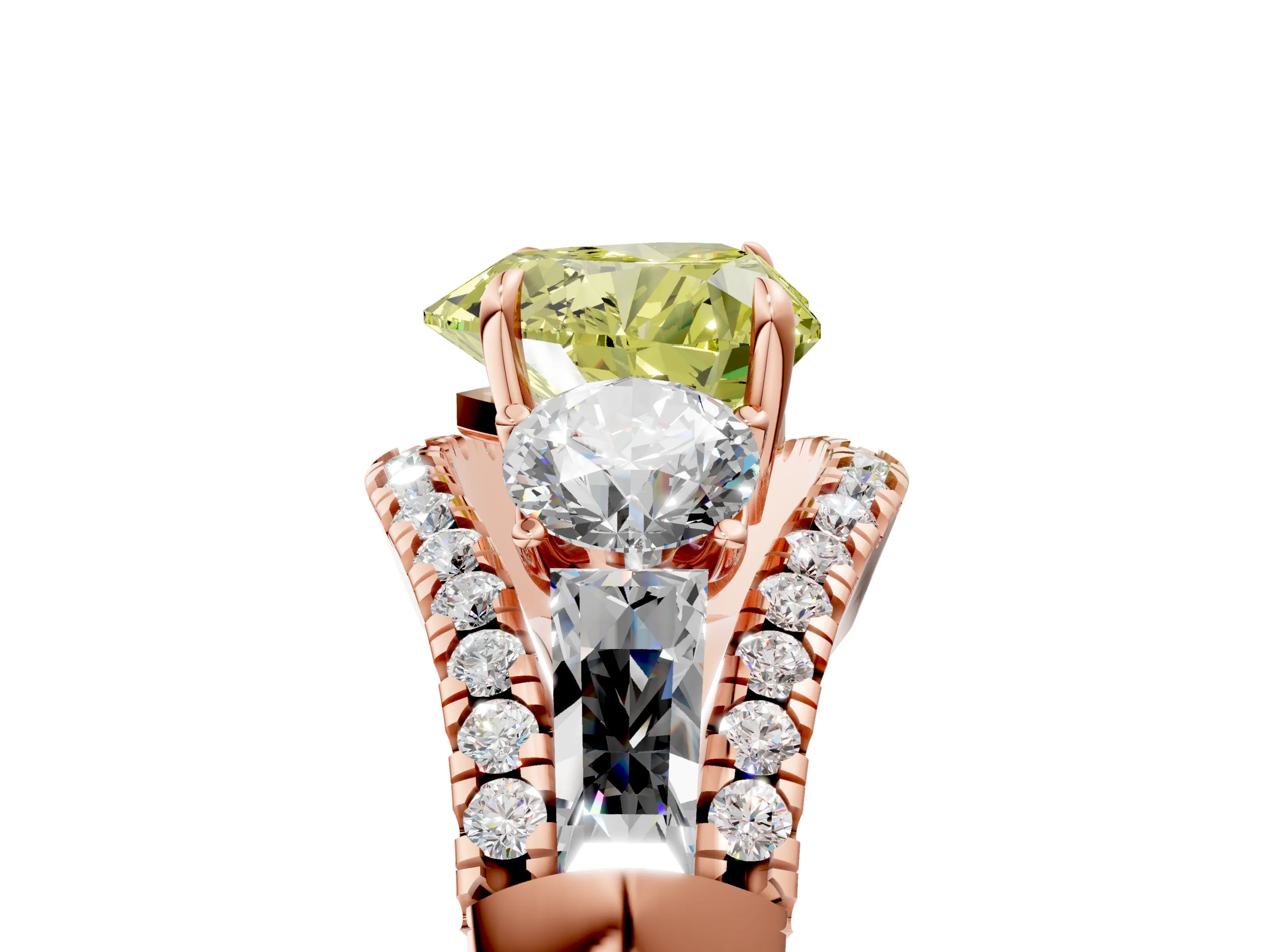 Rose gold Three-Stone Fancy Yellow Heart Cut Diamond Engagement Ring with Pave Band and Prong Setting_5