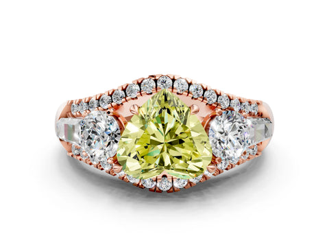 Rose gold Three-Stone Fancy Yellow Heart Cut Diamond Engagement Ring with Pave Band and Prong Setting